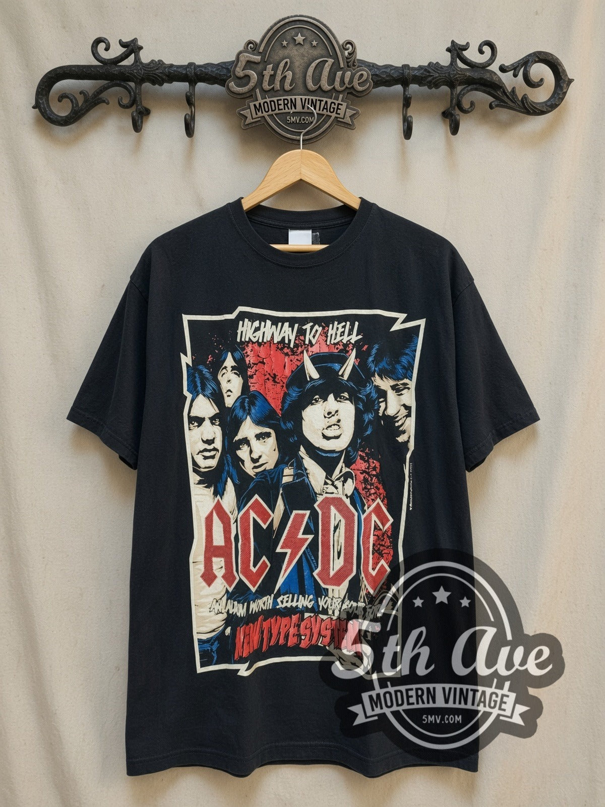 AC/DC Highway to Hell New Type System Devil Horns vintage band t-shirt, front view on a display rack