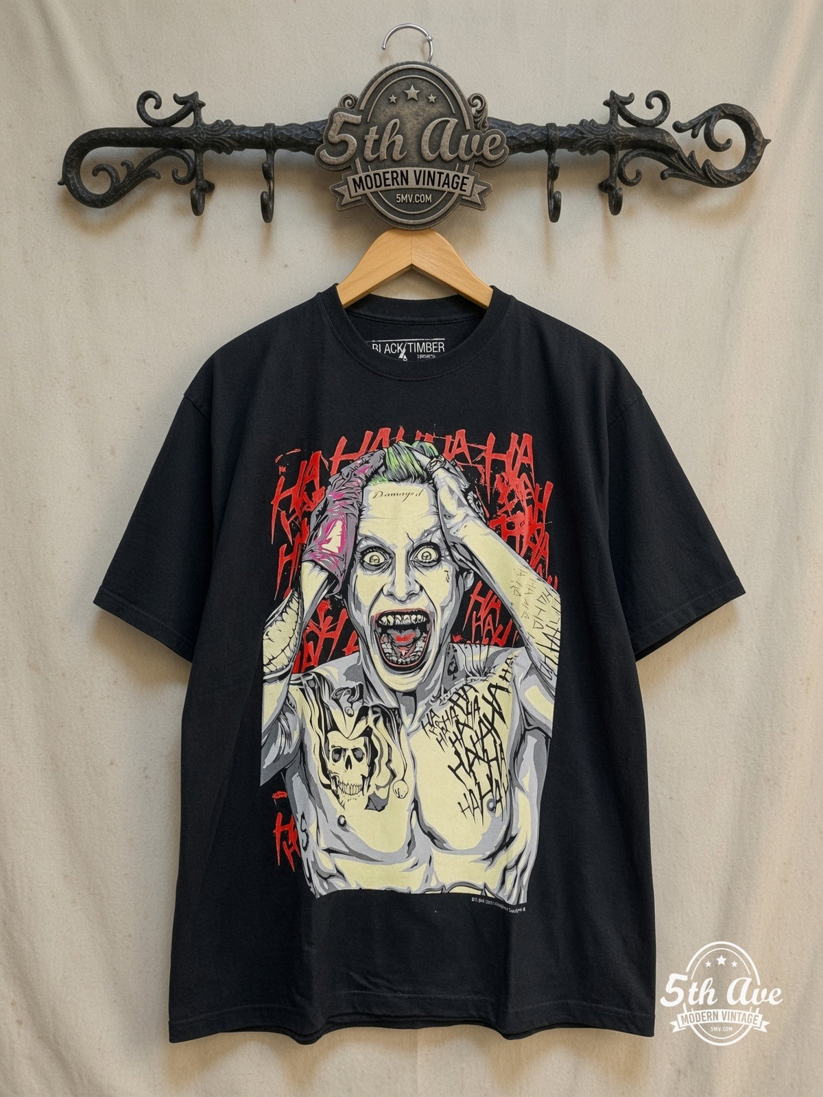 Joker – Suicide Squad Jared Leto – Vintage Movie Tee — front on locked cream ornate 5th Ave rack