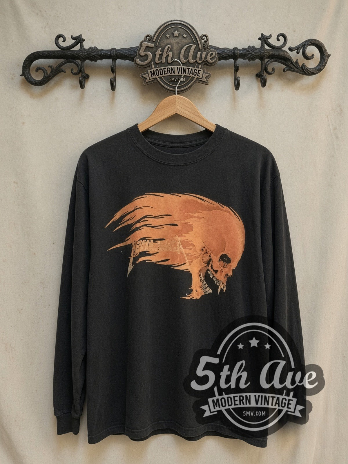 Metallica Inferno Flaming Skull vintage band long sleeve t-shirt, front view on the 5MV rack