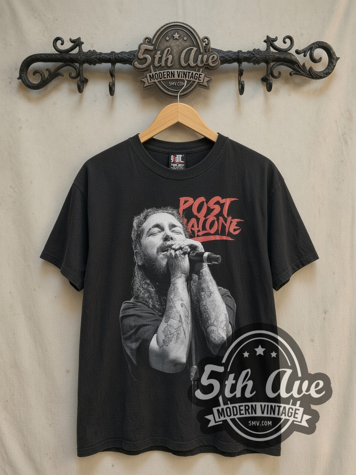 Post Malone vintage rap tee, front view on a display rack