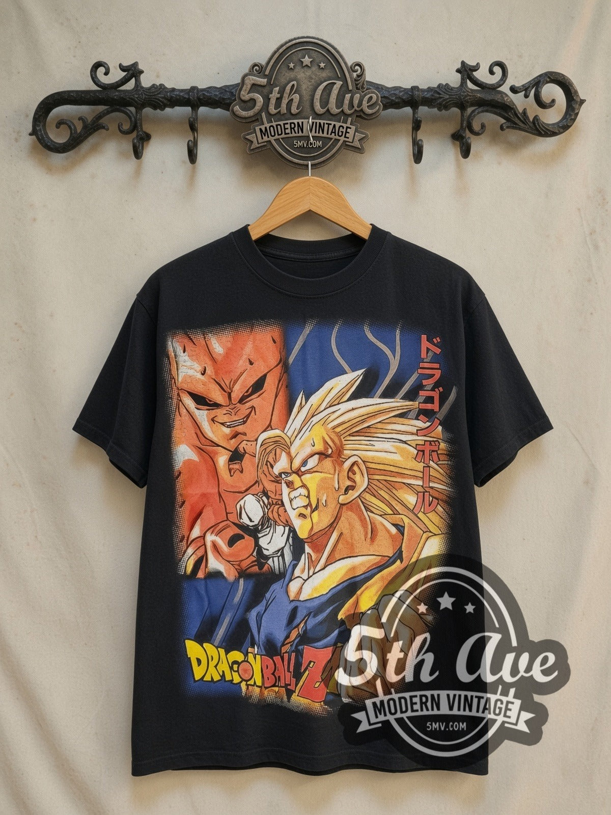 Dragon Ball Z Majin Buu Saga all-over-print vintage graphic t-shirt, front view on a display rack