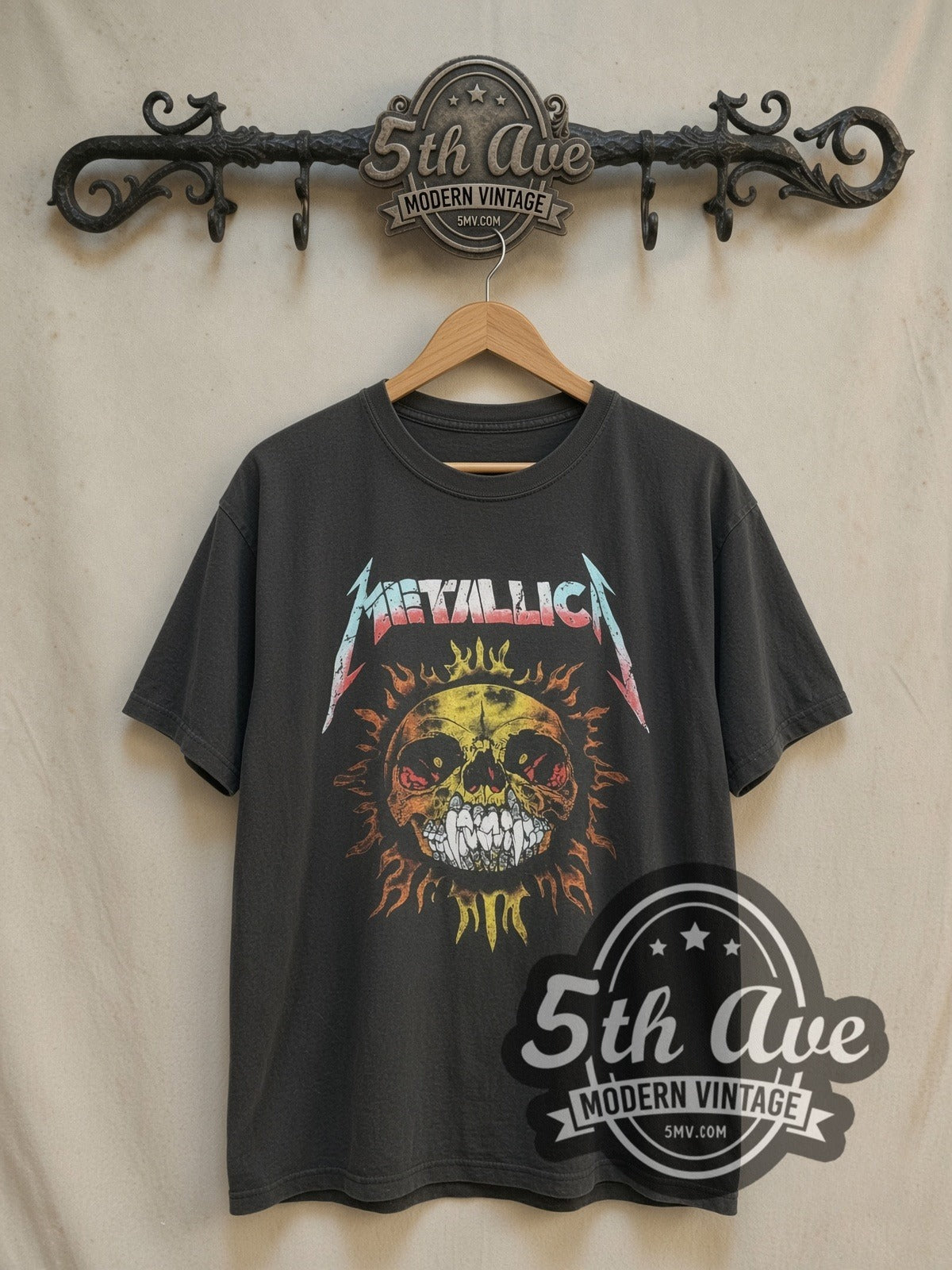 Metallica Pushead Skull and Flaming Skull vintage band t-shirt, front view on the 5MV rack