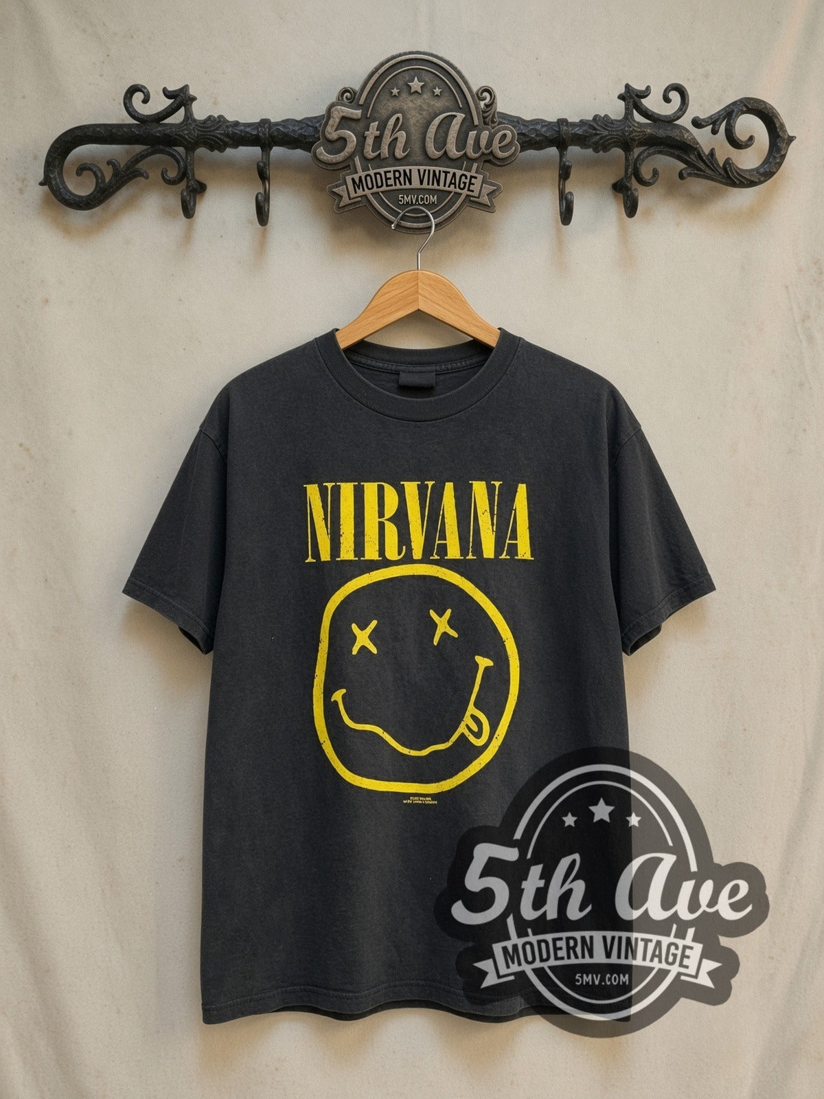 Nirvana Smiley Face Corporate Rock Whores vintage band t-shirt in black, front view on the 5MV rack