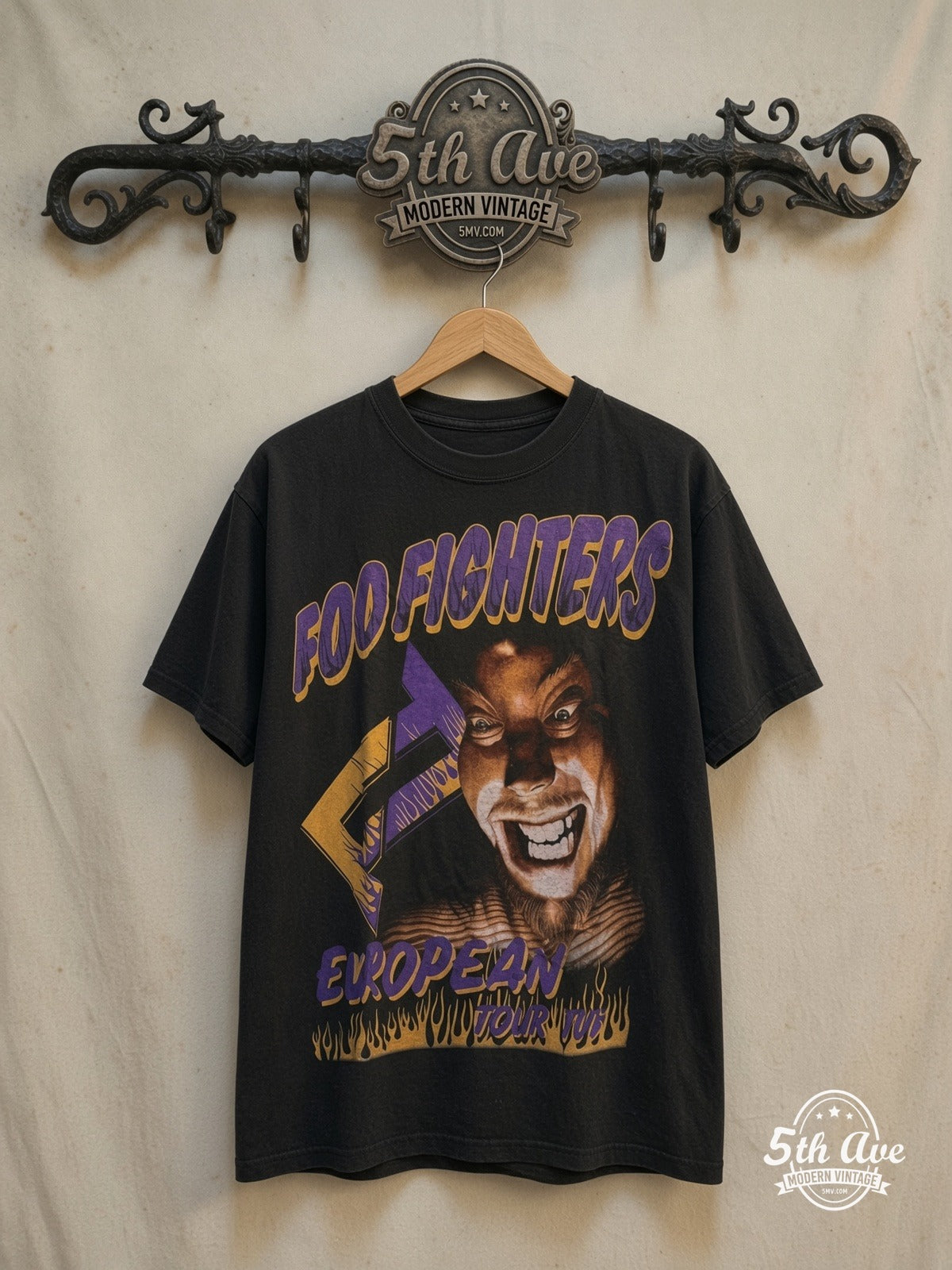 Foo Fighters Long Sleeve T-Shirt — front on locked cream ornate 5th Ave rack