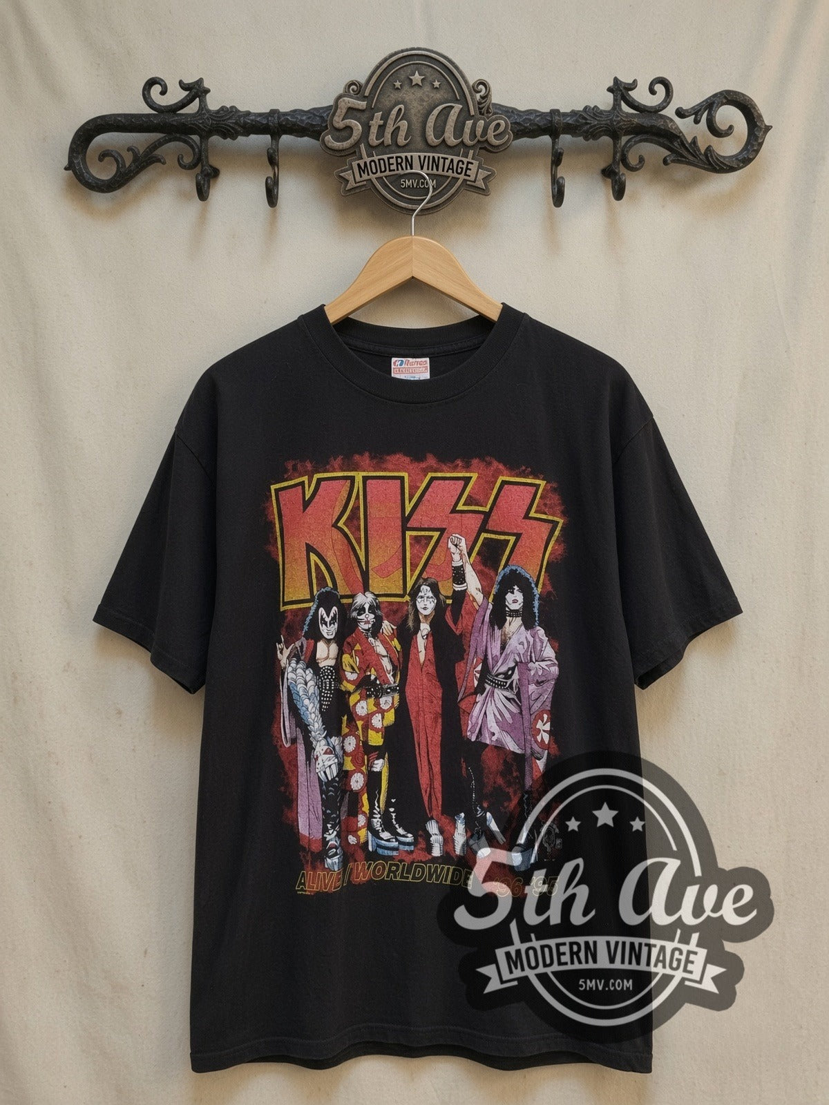 KISS Alive Worldwide Tour vintage band t-shirt, front view on the 5MV rack