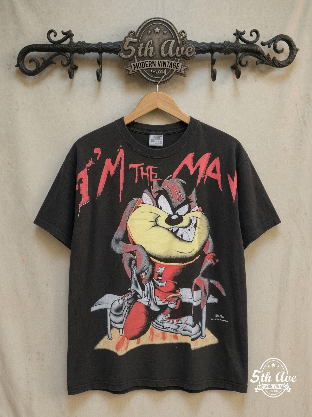 Taz-Mania – Slam Dunk – All Over Print – New Vintage Graphic Tee front on locked cream ornate 5th Ave rack