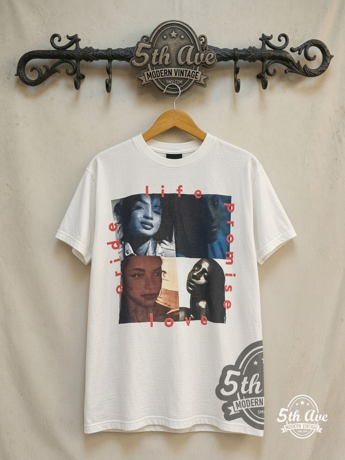 Sade – Summer Deluxe Life Promise Pride Love – Vintage Band T-Shirt — front on locked cream ornate 5th Ave rack