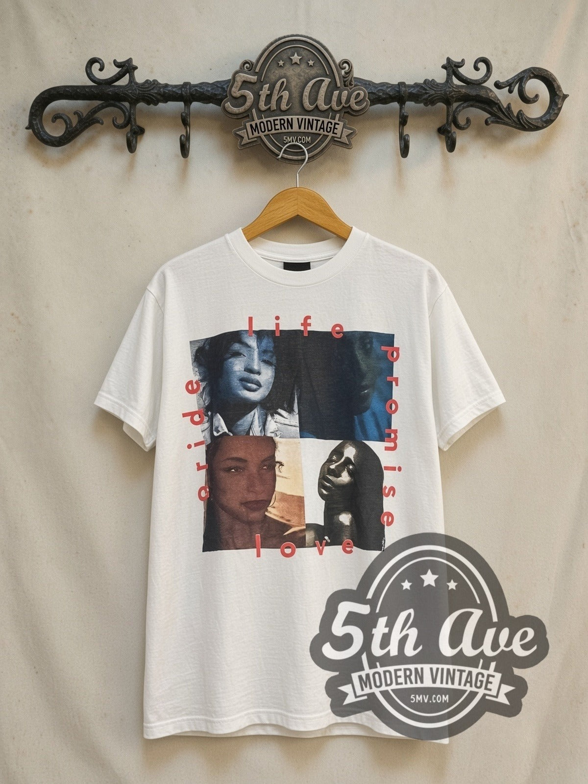 Sade Summer Deluxe Life Promise Pride Love vintage band t-shirt in white, front view on the 5MV rack