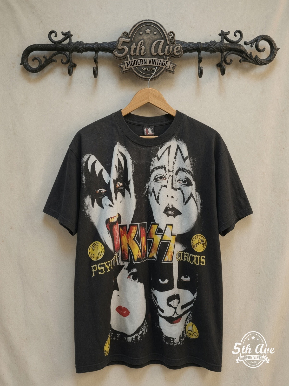 KISS – Psycho-Circus 1999 Mexico – All Over Print – Vintage Band T-Shirt — front on locked cream ornate 5th Ave rack