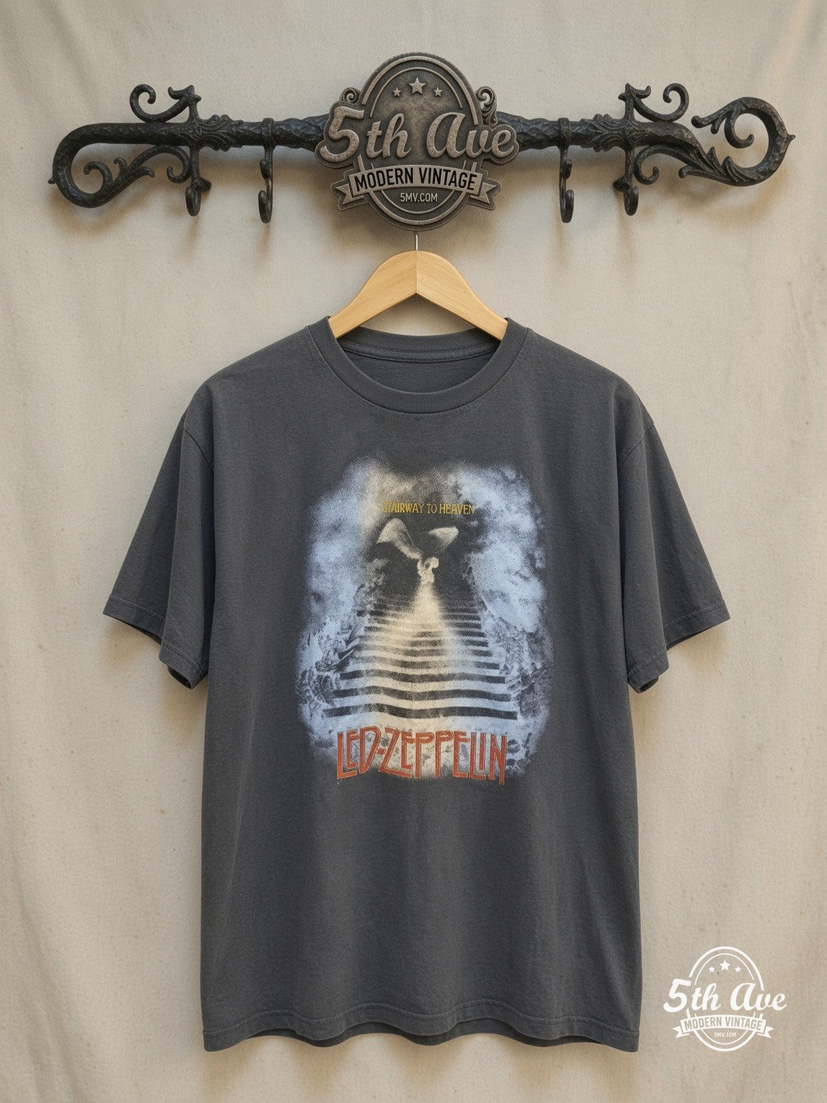 Led Zeppelin – Stairway to Heaven' Graphic – Vintage Band T-Shirt — front on locked cream ornate 5th Ave rack
