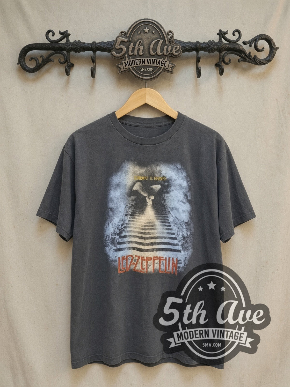 Led Zeppelin Stairway to Heaven' Graphic vintage band t-shirt, front view on a display rack