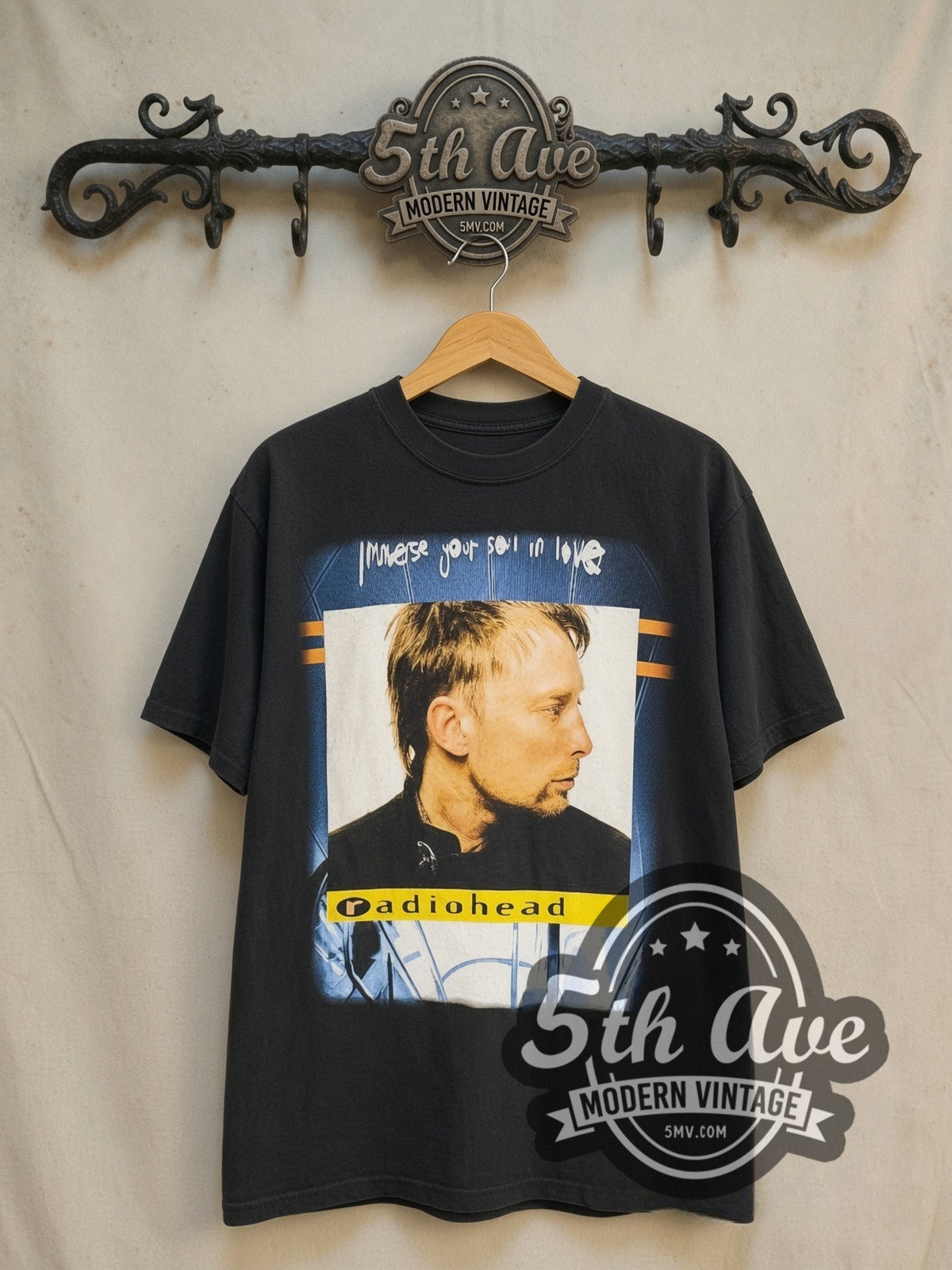 Radiohead Street Spirit (Fade Out) vintage band t-shirt in black, front view on the 5MV rack