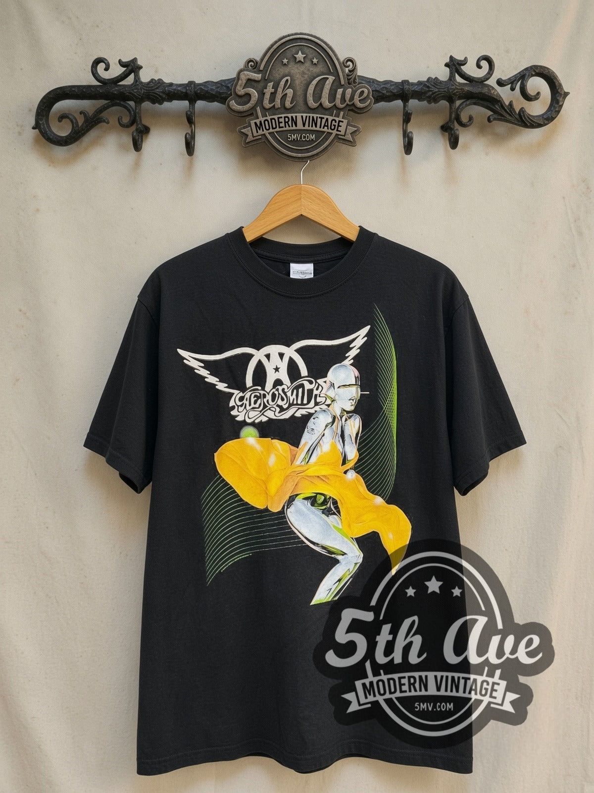 Aerosmith Just Push Play Tour 2001 vintage band t-shirt in black, front view on a display rack