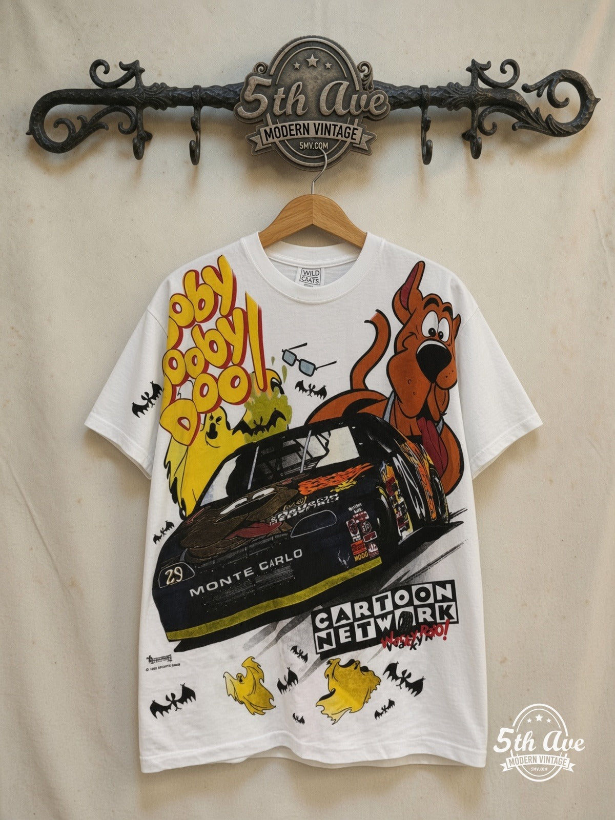 Scooby-Doo – Cartoon Network Wacky Racing – New Vintage Graphic Tee — front on locked cream ornate 5th Ave rack