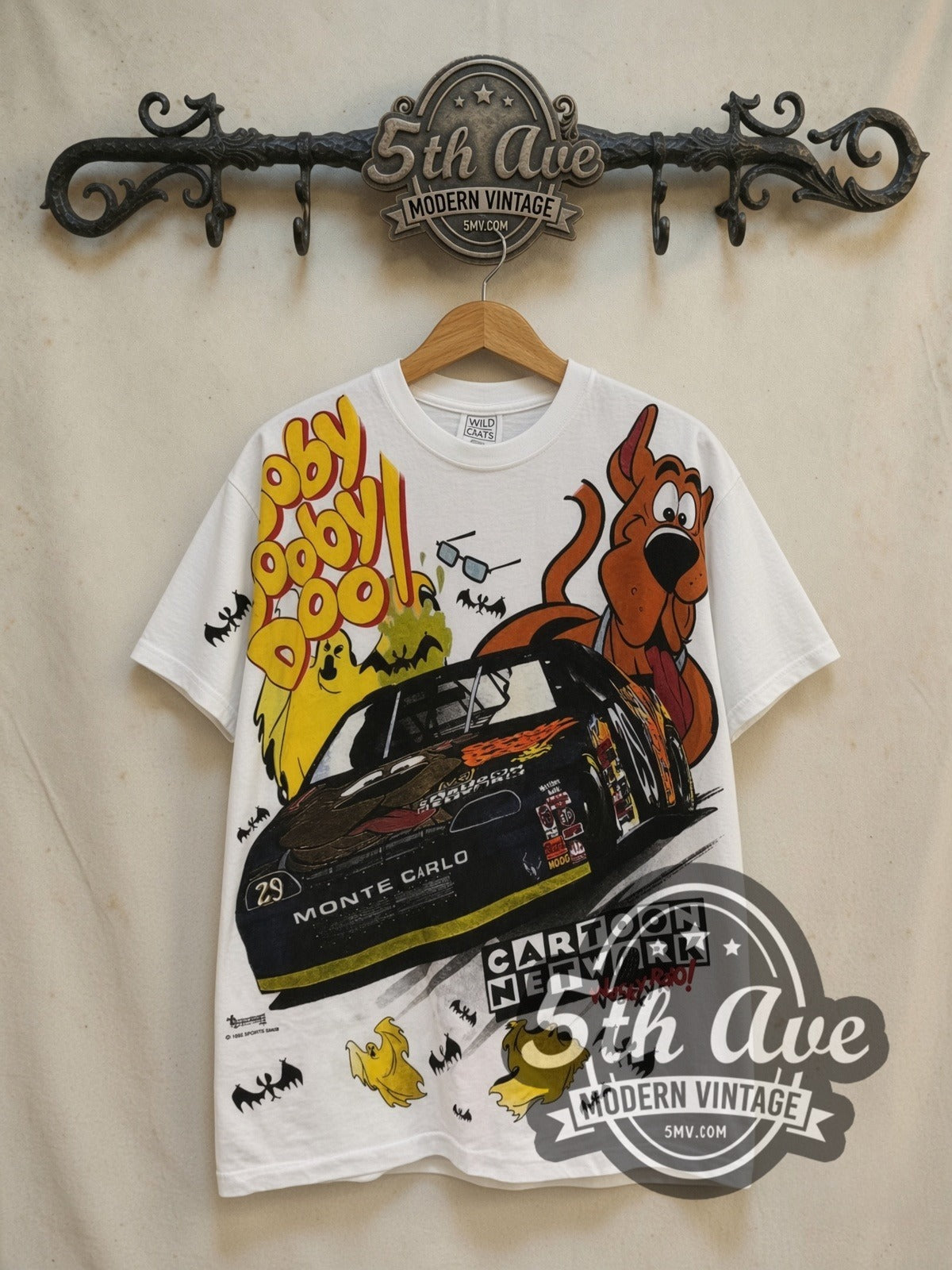 Scooby-Doo Cartoon Network Wacky Racing vintage cartoon tee, front view on a display rack