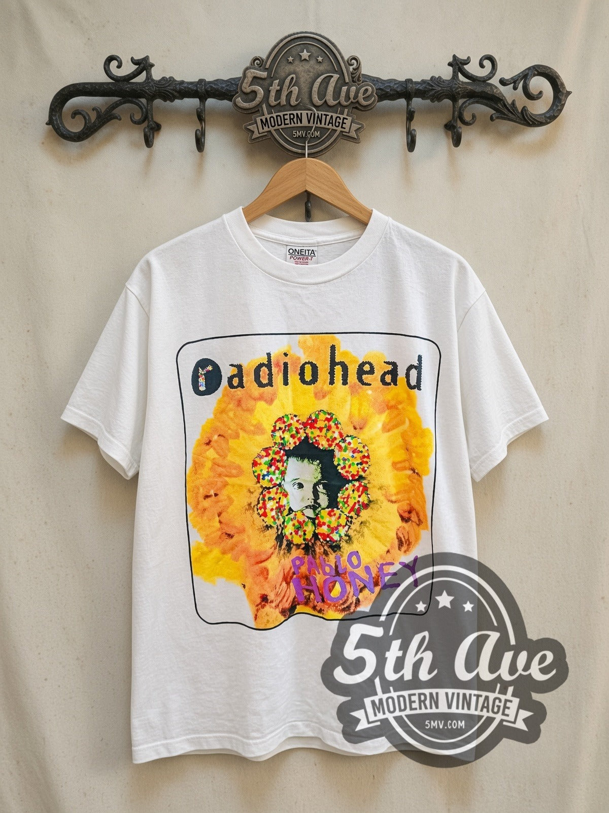 Radiohead Pablo Honey Baby Sunflower Bloom vintage band t-shirt in white, front view on the 5MV rack