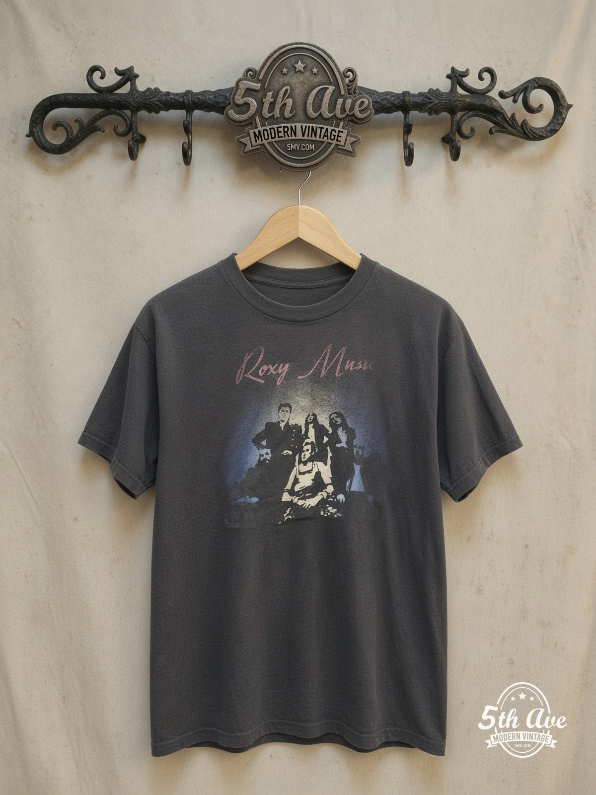 Roxy Music – Vintage Band T-Shirt — front on locked cream ornate 5th Ave rack