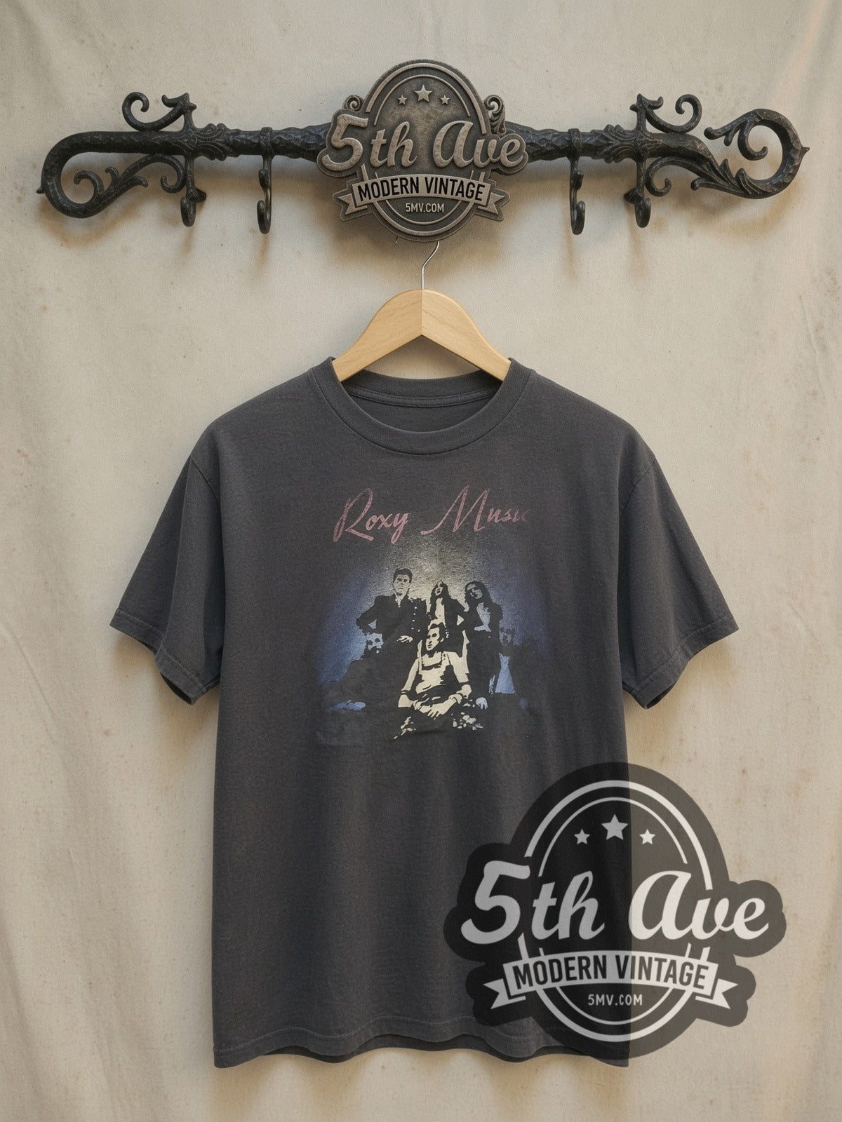 Roxy Music vintage band t-shirt, front view on a display rack