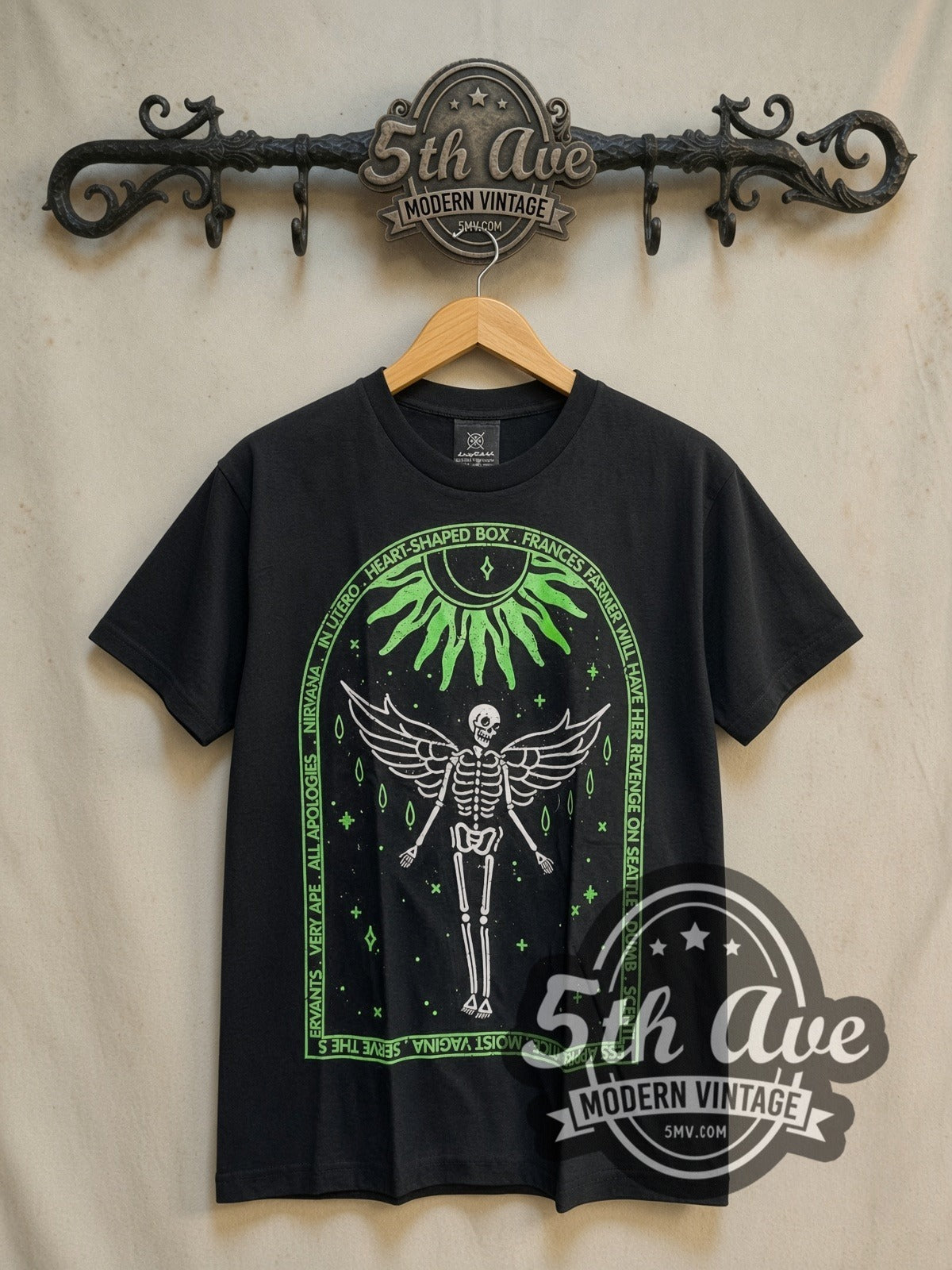 Nirvana In Utero Tracklist Winged Skeleton vintage band t-shirt, front view on the 5MV rack