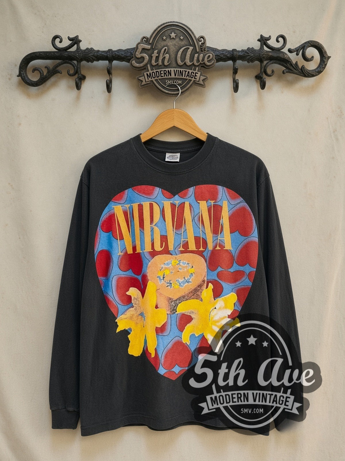 Nirvana Heart-Shaped Box In Utero Angel Long Sleeve vintage band t-shirt in black, front view on the 5MV rack