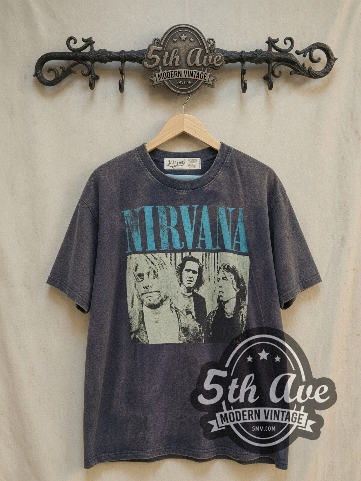 Nirvana Aqua Logo High-Contrast Trio vintage band t-shirt, front view on the 5MV rack
