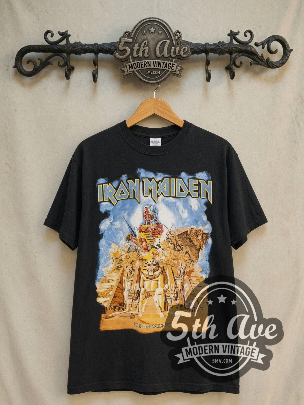 Iron Maiden Somewhere Back in Time vintage band t-shirt in black, front view on the 5MV rack