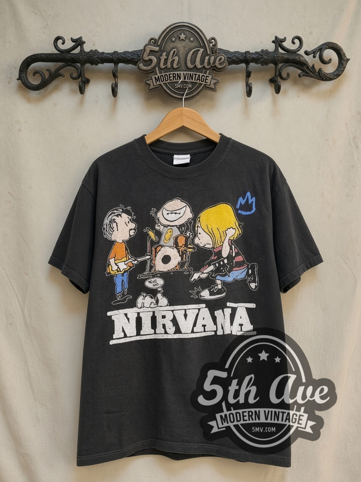 Peanuts Nirvana In Utero x Snoopy vintage cartoon tee in black, front view on a display rack