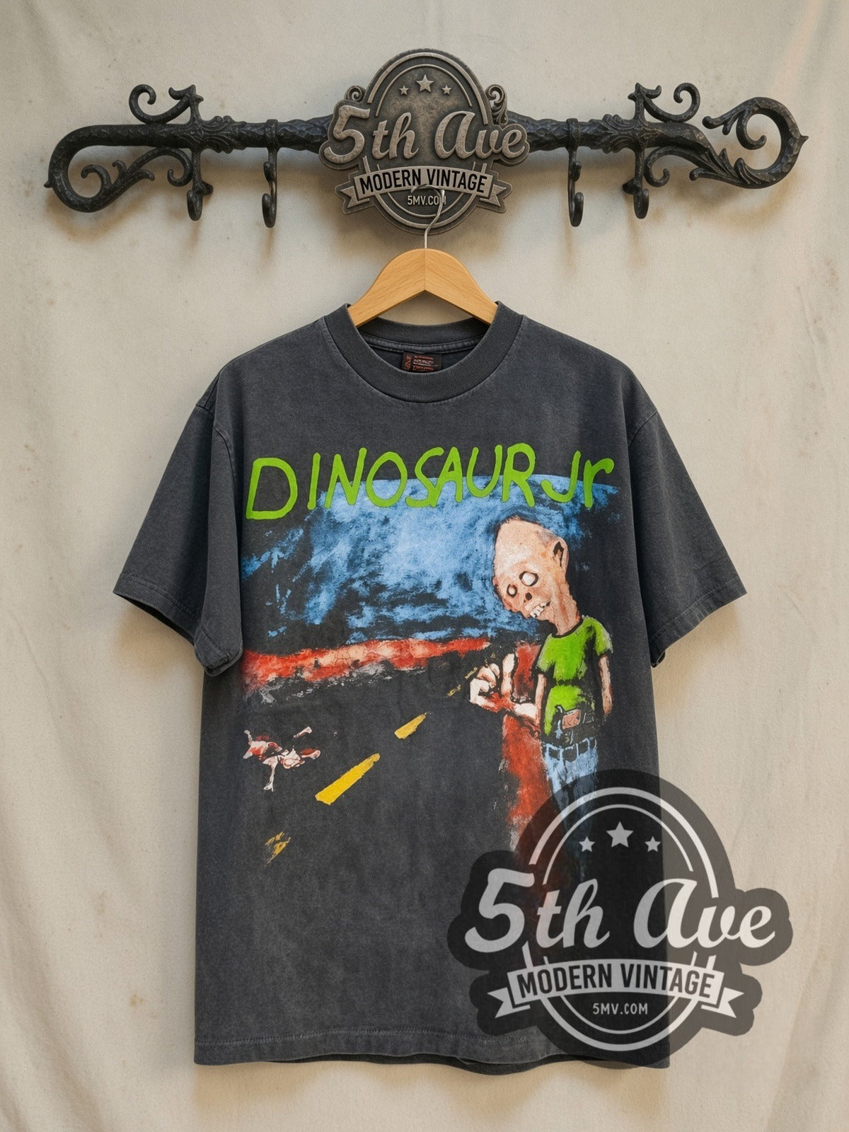 Dinosaur Jr. Where You Been' US UK Netherlands tour 1993 vintage band t-shirt in black, front view on a display rack