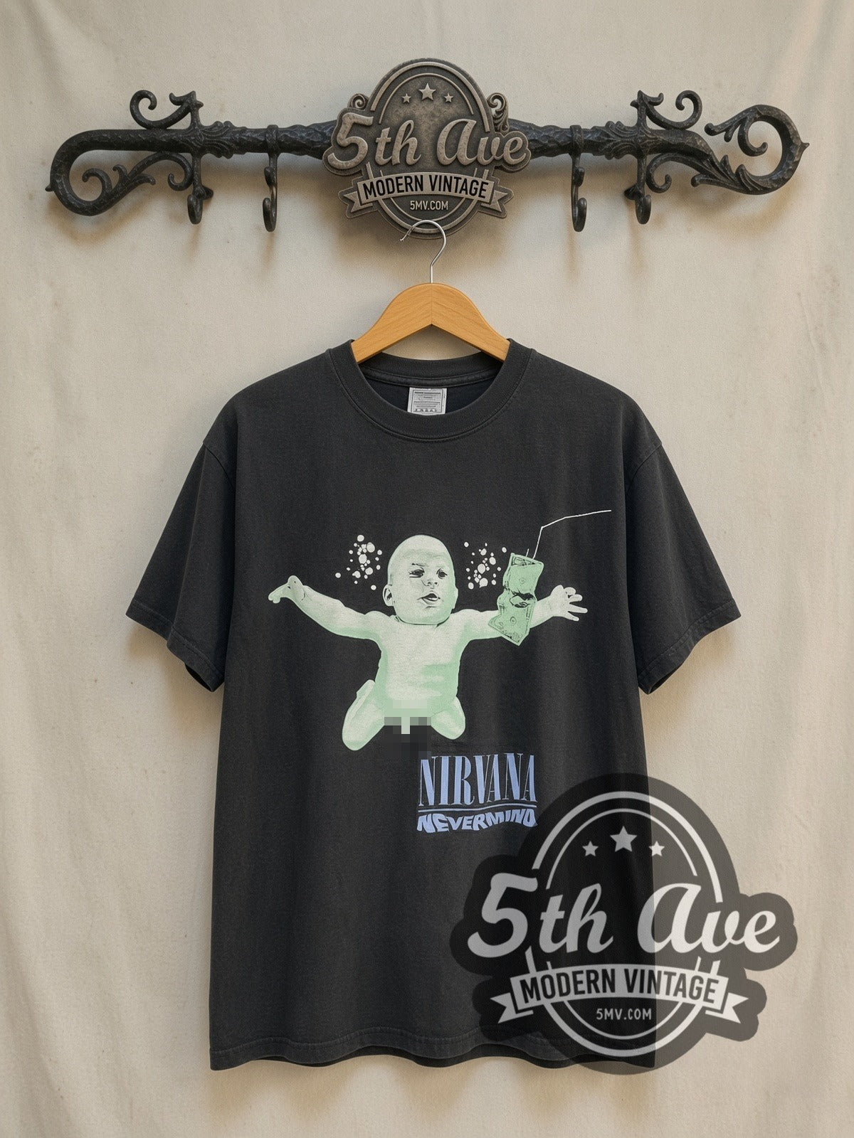 Nirvana Nevermind Baby vintage band t-shirt in black, front view on the 5MV rack