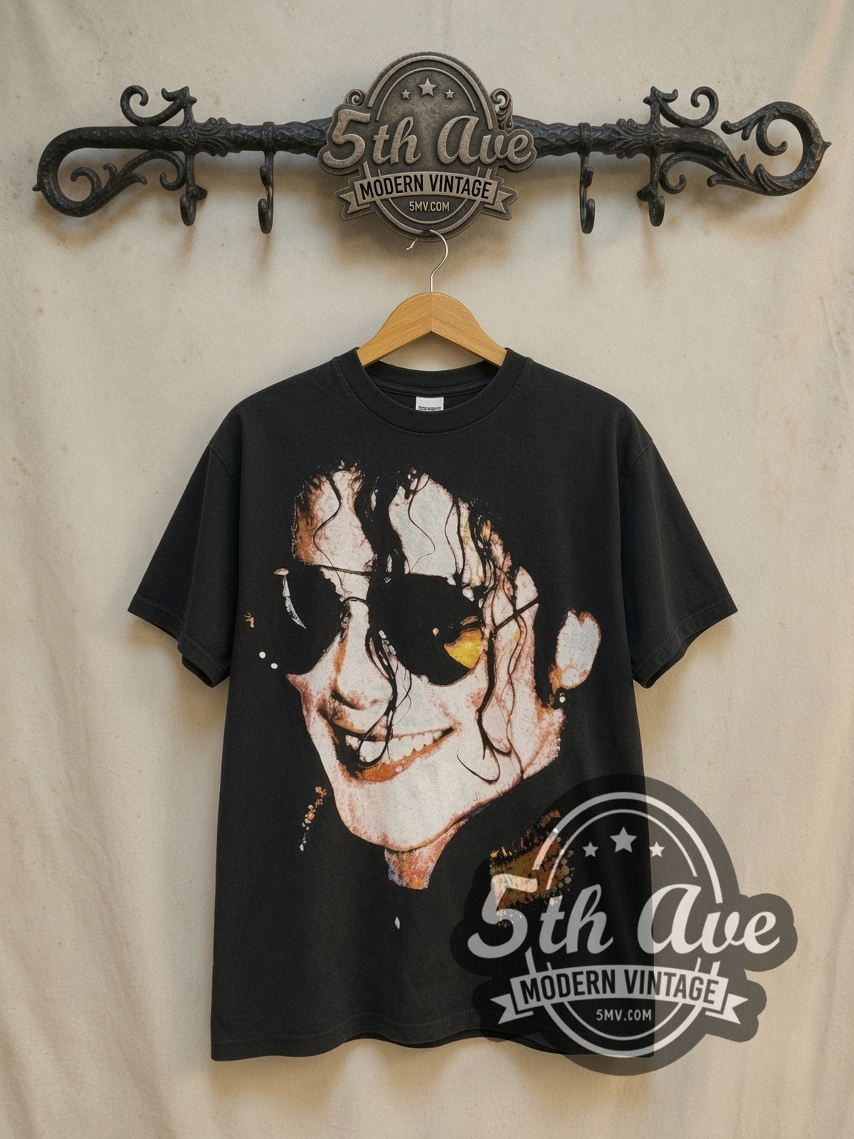 Michael Jackson Dangerous World Tour Mexico Sunglasses vintage band t-shirt, front view on a display rack