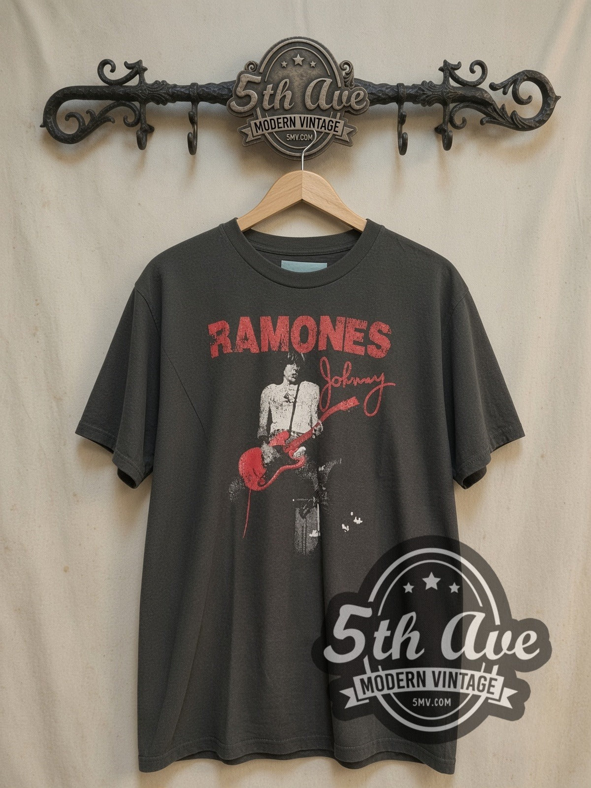 The Ramones Graphic vintage band t-shirt, front view on a display rack