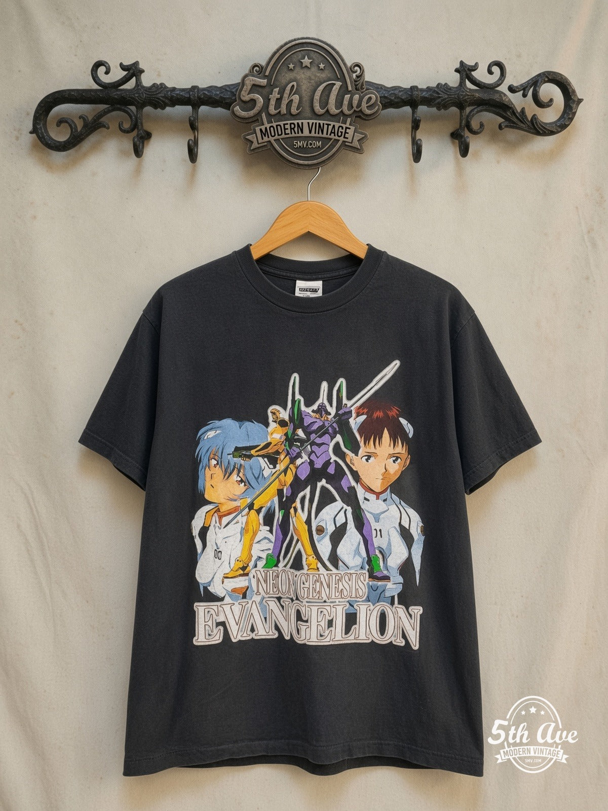 Neon Genesis Evangelion – Shinji and Rei – New Vintage Anime Tee — front on locked cream ornate 5th Ave rack