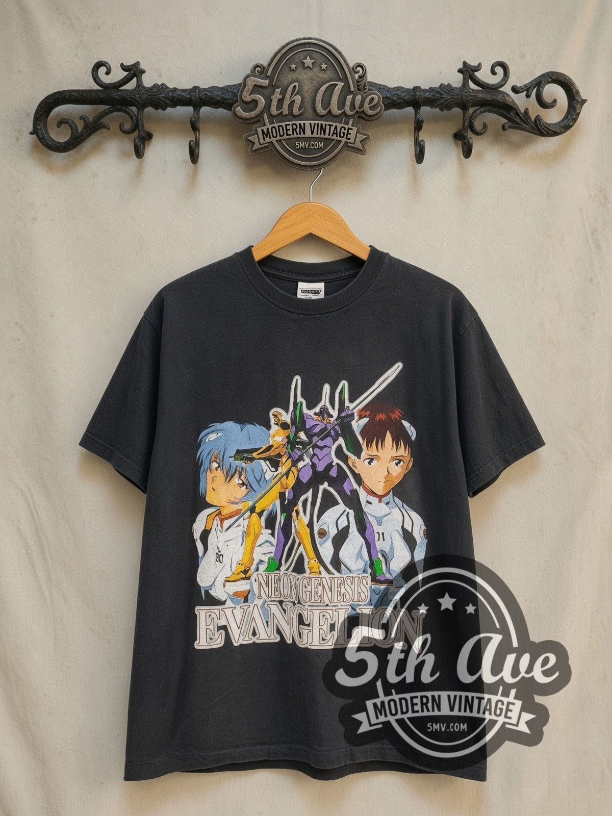 Neon Genesis Evangelion Shinji and Rei vintage anime t-shirt, front view on a display rack