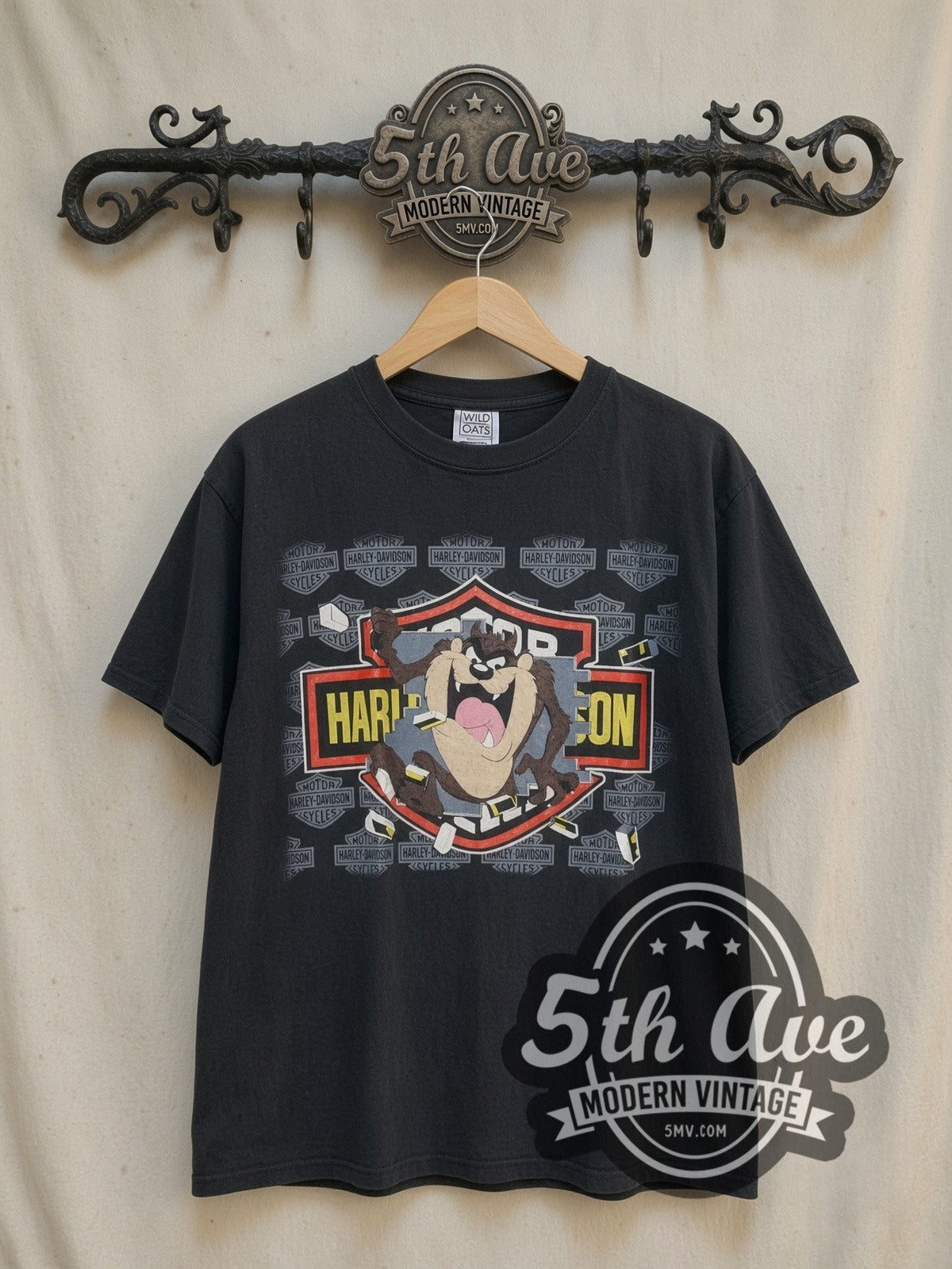 Harley-Davidson Looney Tunes Taz-Mania Harley Davidson Animation vintage Harley tee, front view on a display rack