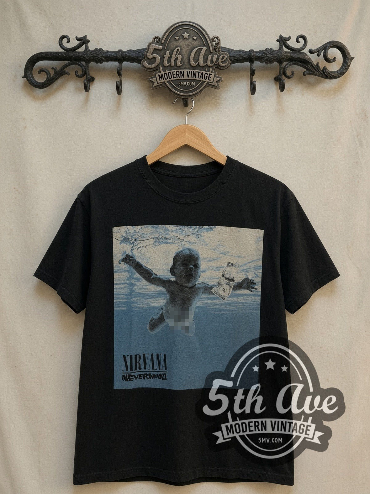Nirvana Nevermind Album Art vintage band t-shirt, front view on the 5MV rack