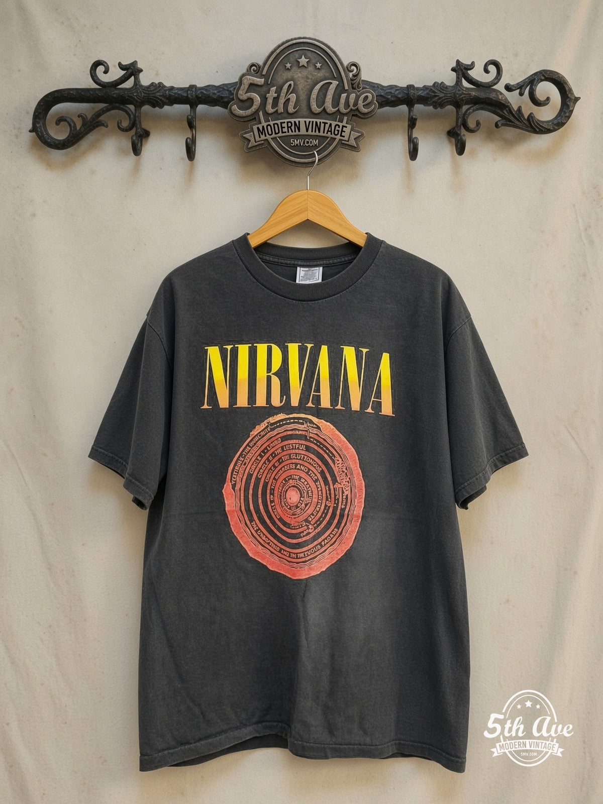 Nirvana – Circles of Hell' Dante's Inferno [Fudge Packin, Crack Smokin, Satan Wo – Vintage Band T-Shirt — front on locked cream ornate 5th Ave rack