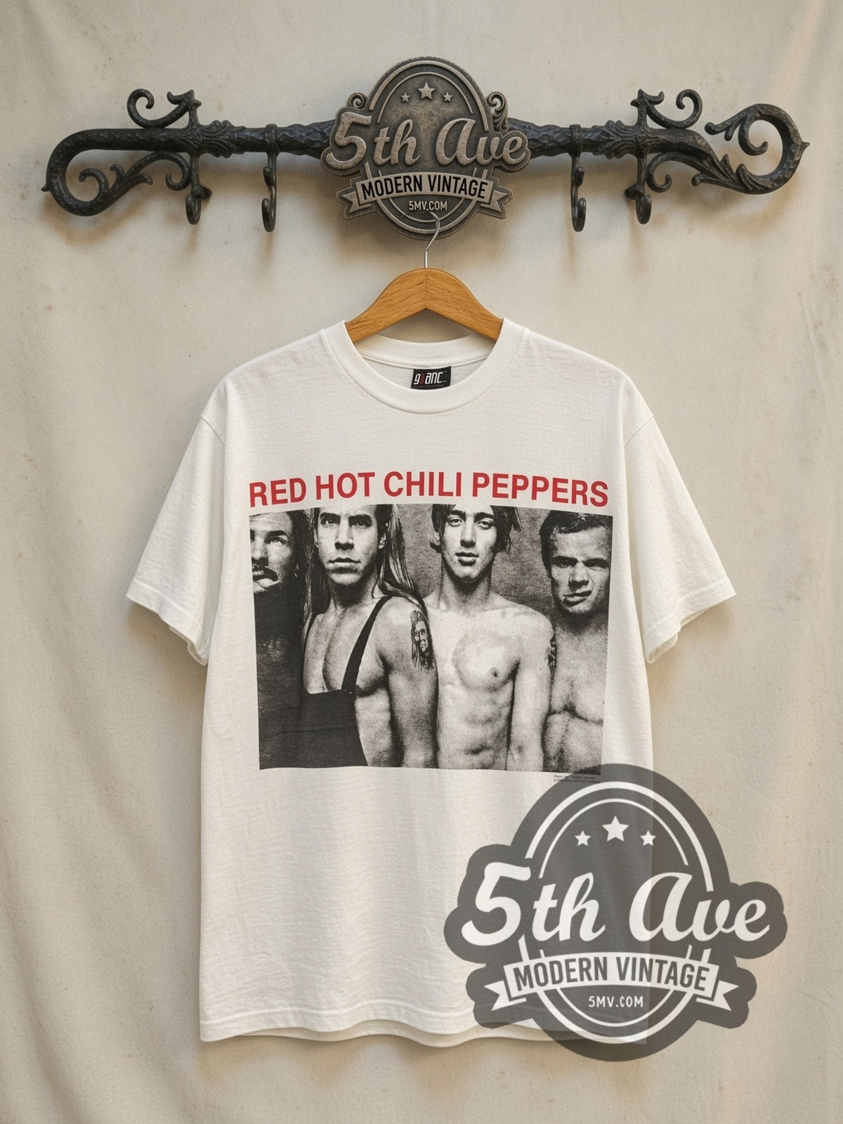 Red Hot Chili Peppers 1990 Vintage White Band vintage band t-shirt in white, front view on the 5MV rack
