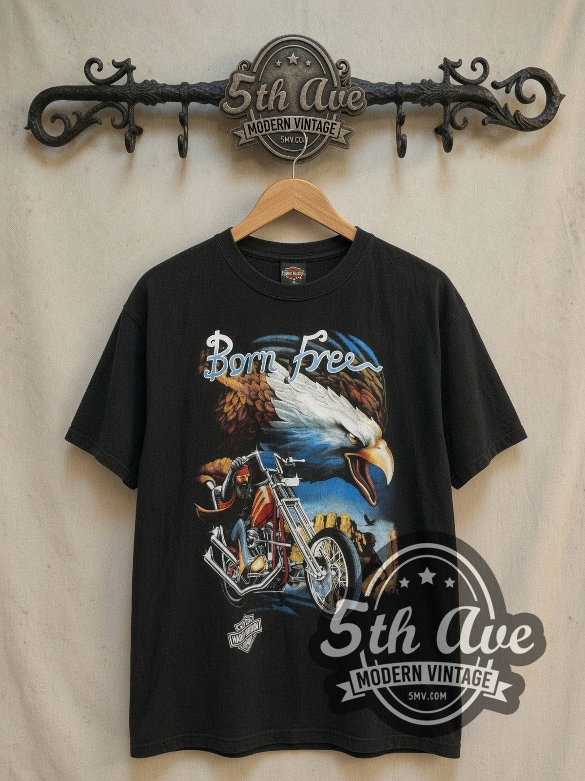 vintage Harley-Davidson tee, front view on a display rack