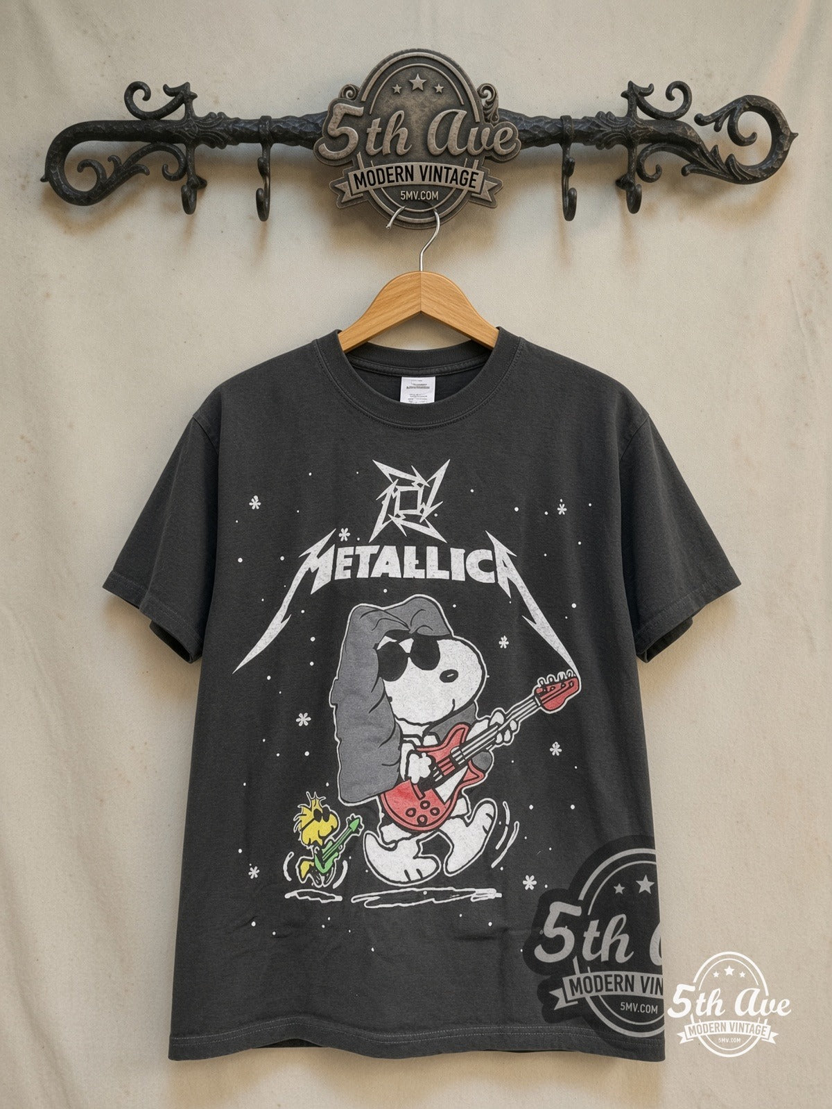 Peanuts – Metallica x Snoopy – New Vintage Graphic Tee — front on locked cream ornate 5th Ave rack