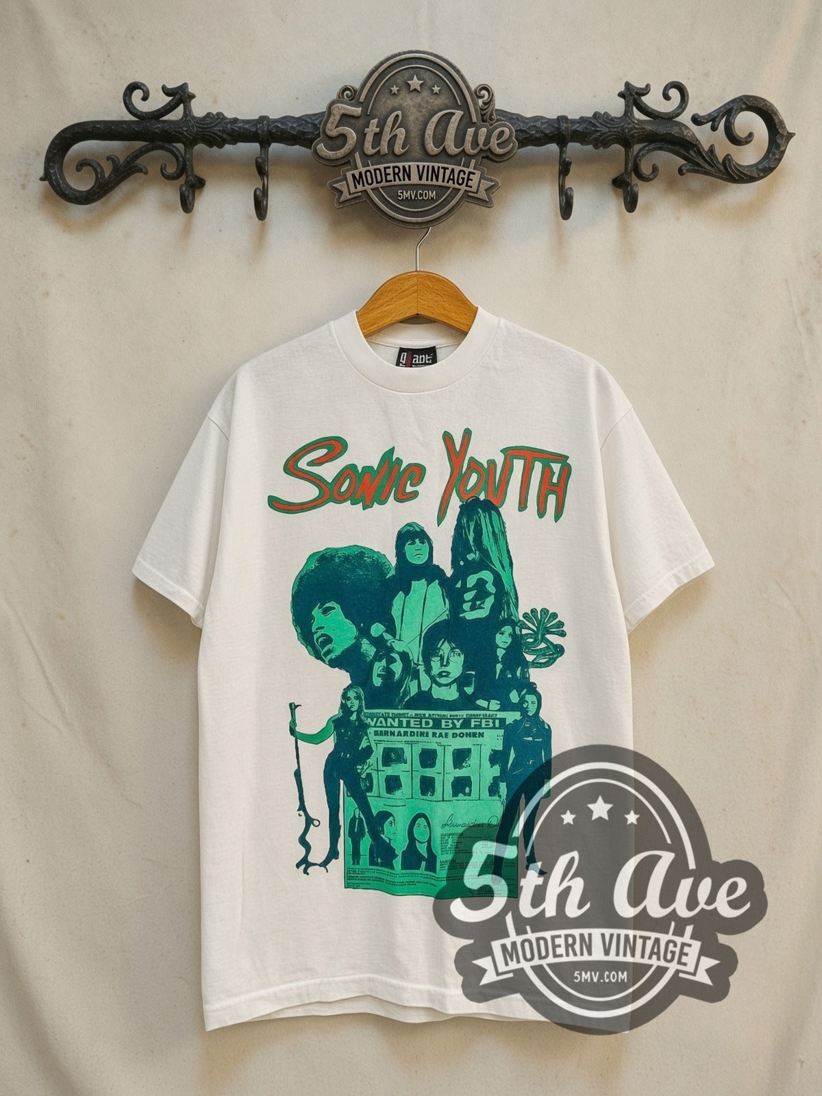 Sonic Youth Kool Thing vintage band t-shirt in white, front view on the 5MV rack