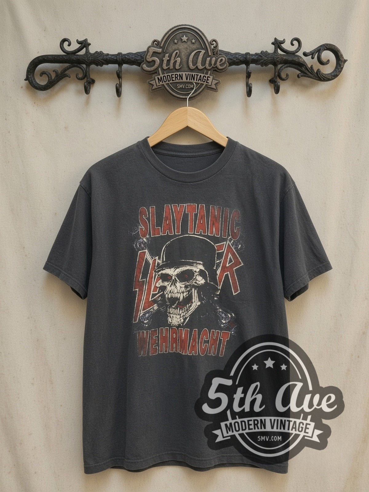 Slayer Slaytanic Wehrmacht Helmet Skull vintage band t-shirt, front view on a display rack