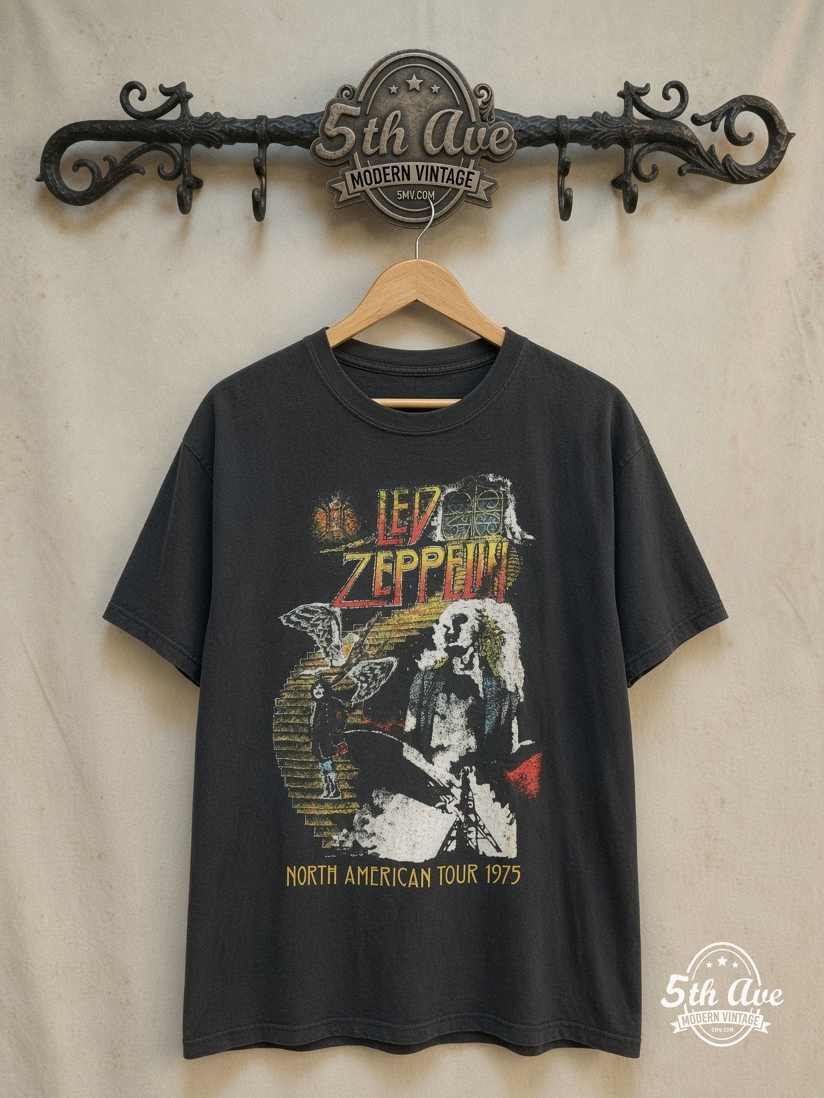 Led Zeppelin – North American Tour 1971 – Vintage Band T-Shirt — front on locked cream ornate 5th Ave rack