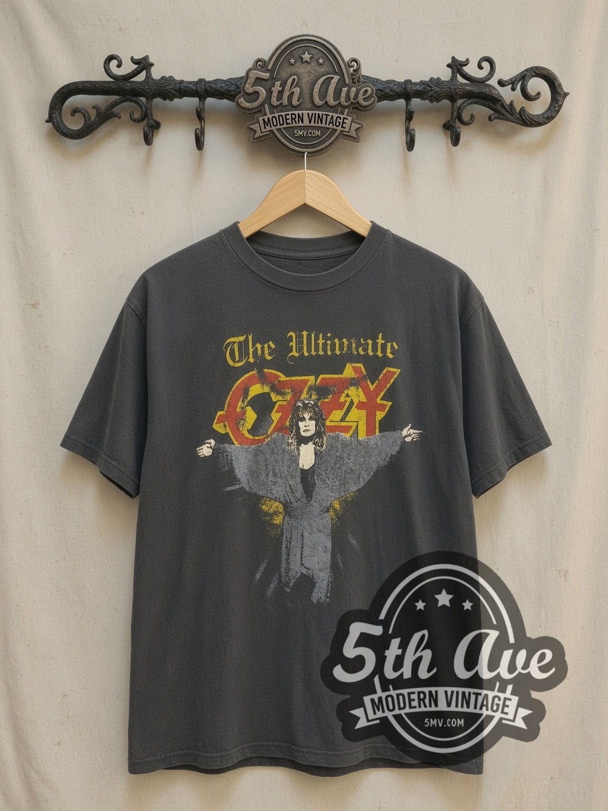 Ozzy Osbourne The Ultimate vintage band t-shirt, front view on a display rack