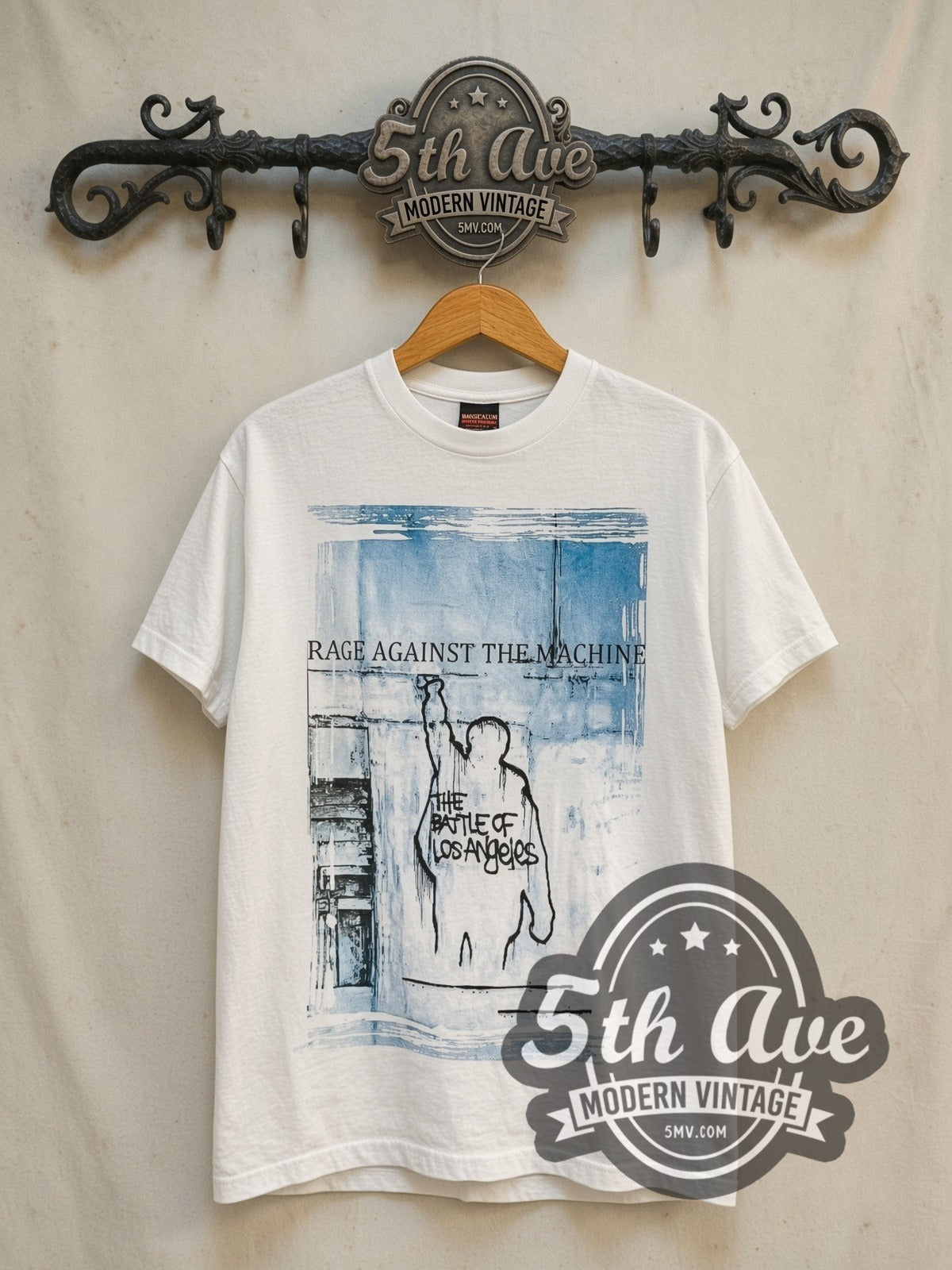 Rage Against the Machine The Battle of Los Angeles Blue City List vintage band t-shirt in white, front view on the 5MV rack