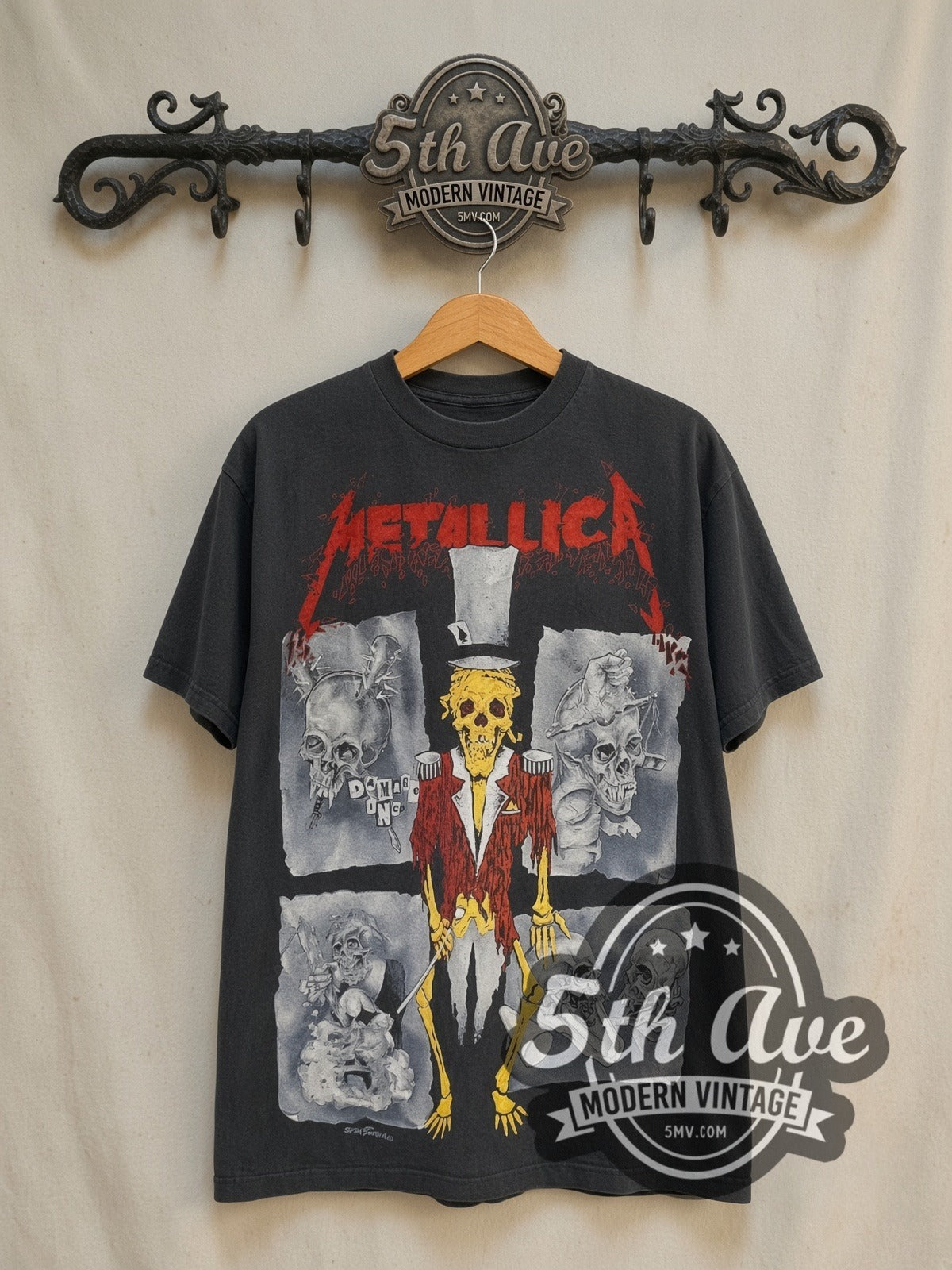 Metallica Ringmaster 1992 all-over-print vintage band t-shirt in black, front view on the 5MV rack