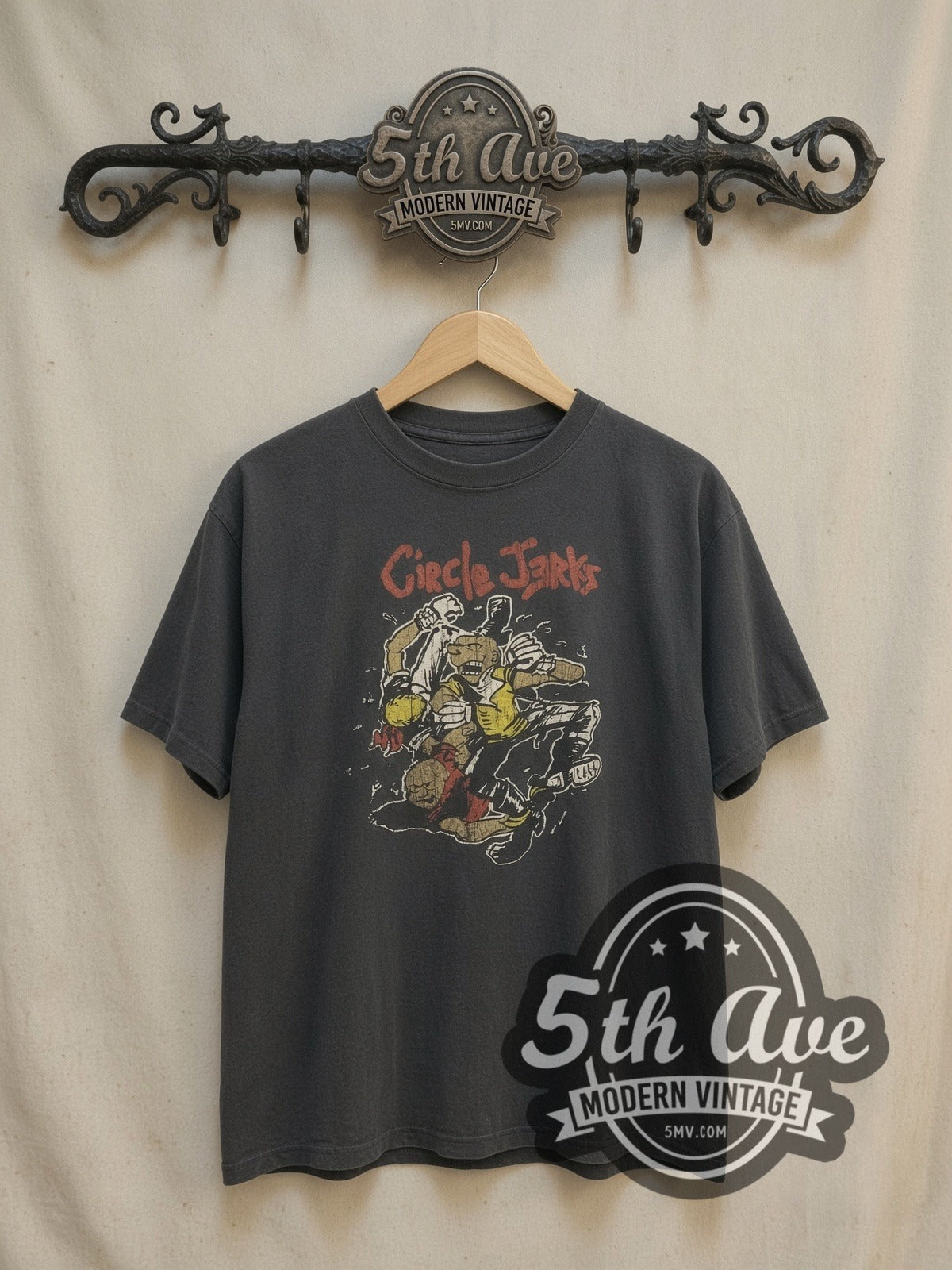Circle Jerks Punk Graphic vintage band t-shirt, front view on a display rack