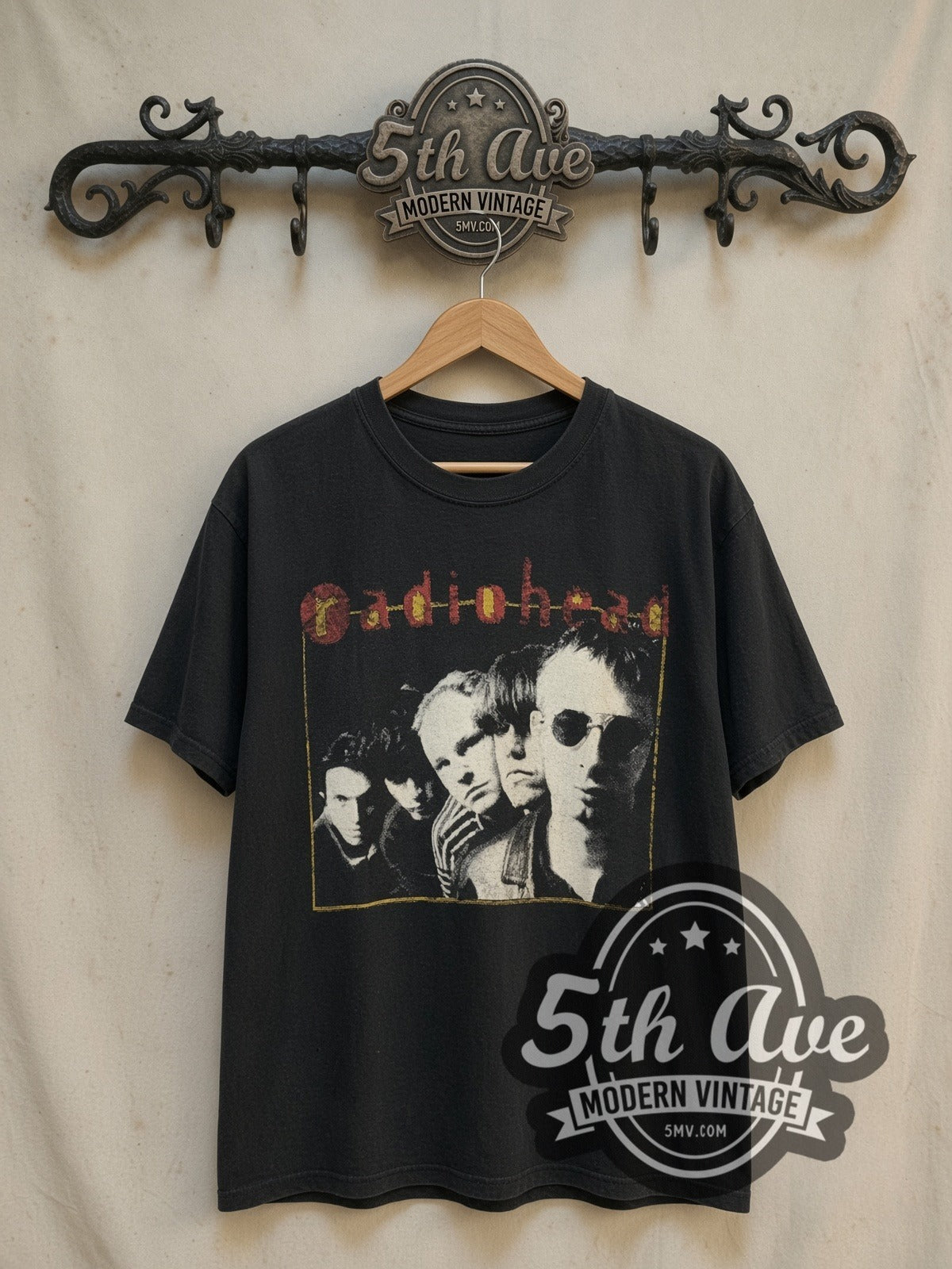Radiohead Band Photo Yellow Square Border vintage band t-shirt, front view on the 5MV rack