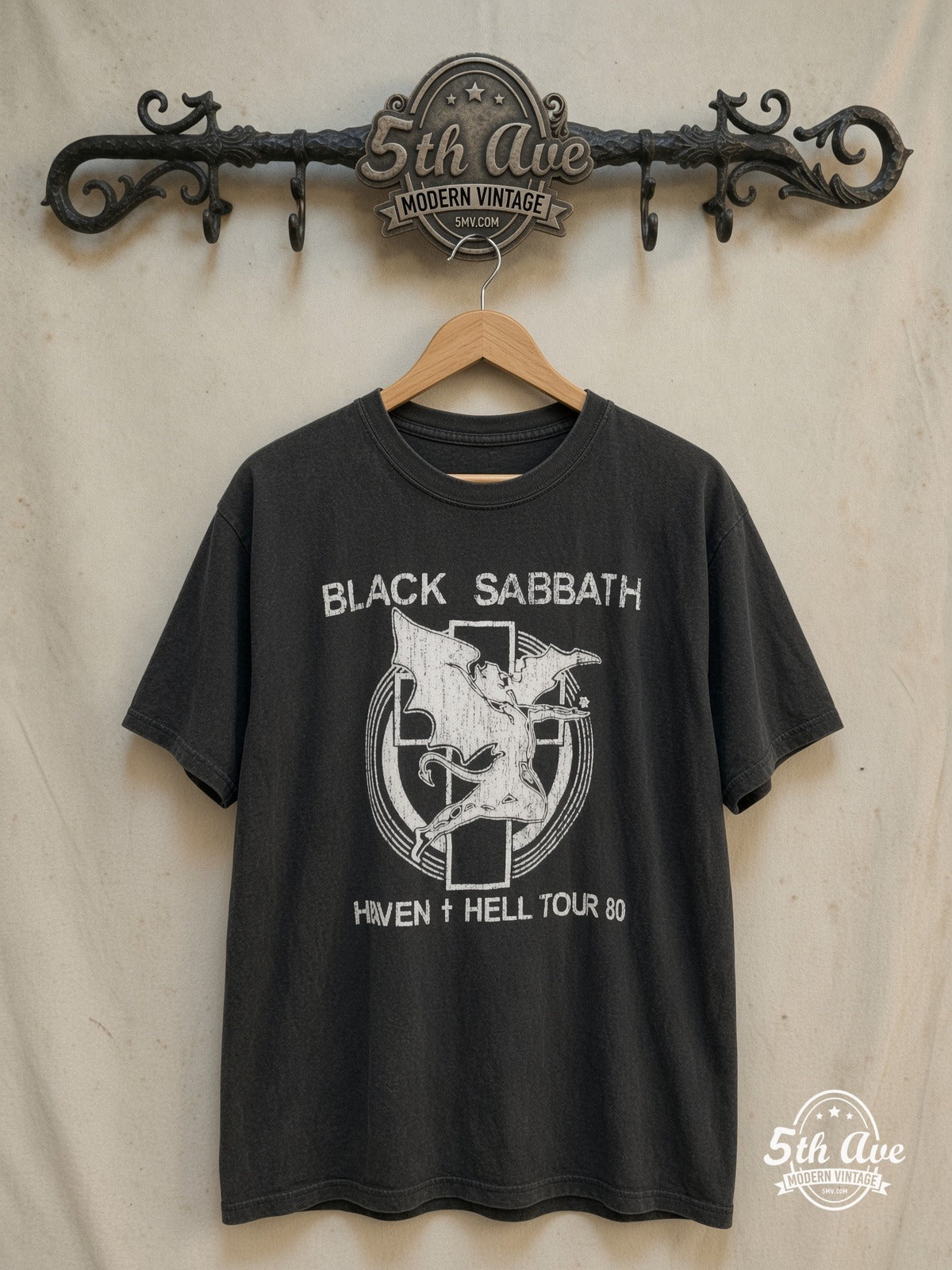 Black Sabbath – Heaven & Hell Resonance – Vintage Band T-Shirt — front on locked cream ornate 5th Ave rack