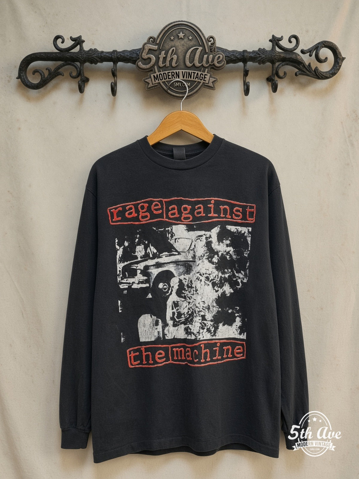 Rage Against the Machine – Burning Monk I Won't Do What You Tell Me – Long Sleeve Vintage Band T-Shirt — front on locked cream ornate 5th Ave rack