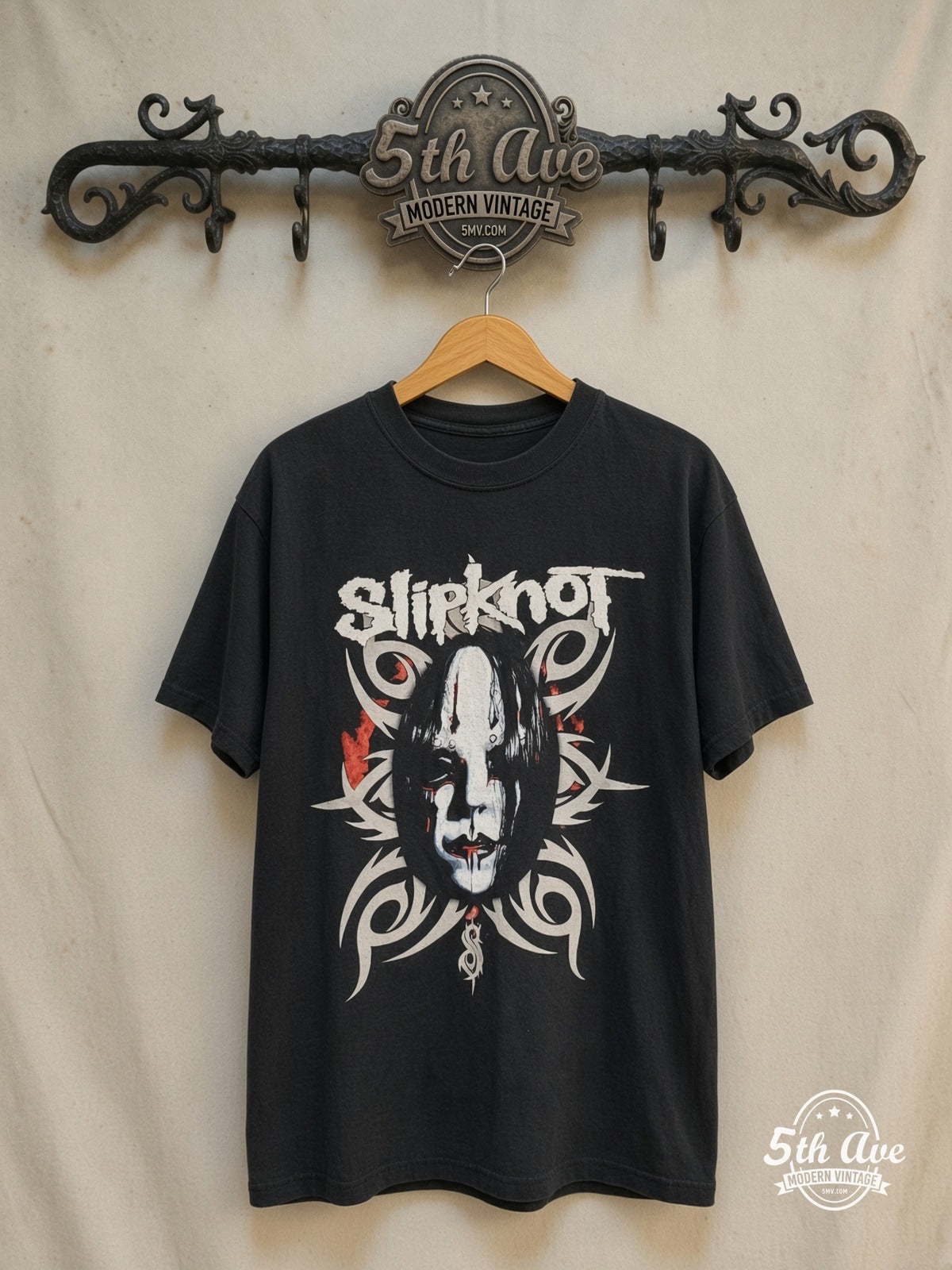 Slipknot – Joey Jordison – Vintage Band T-Shirt — front on locked cream ornate 5th Ave rack